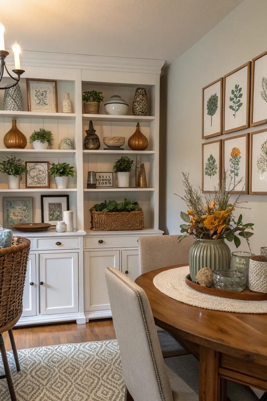 Ornamental compositions personalize dining room shelving.