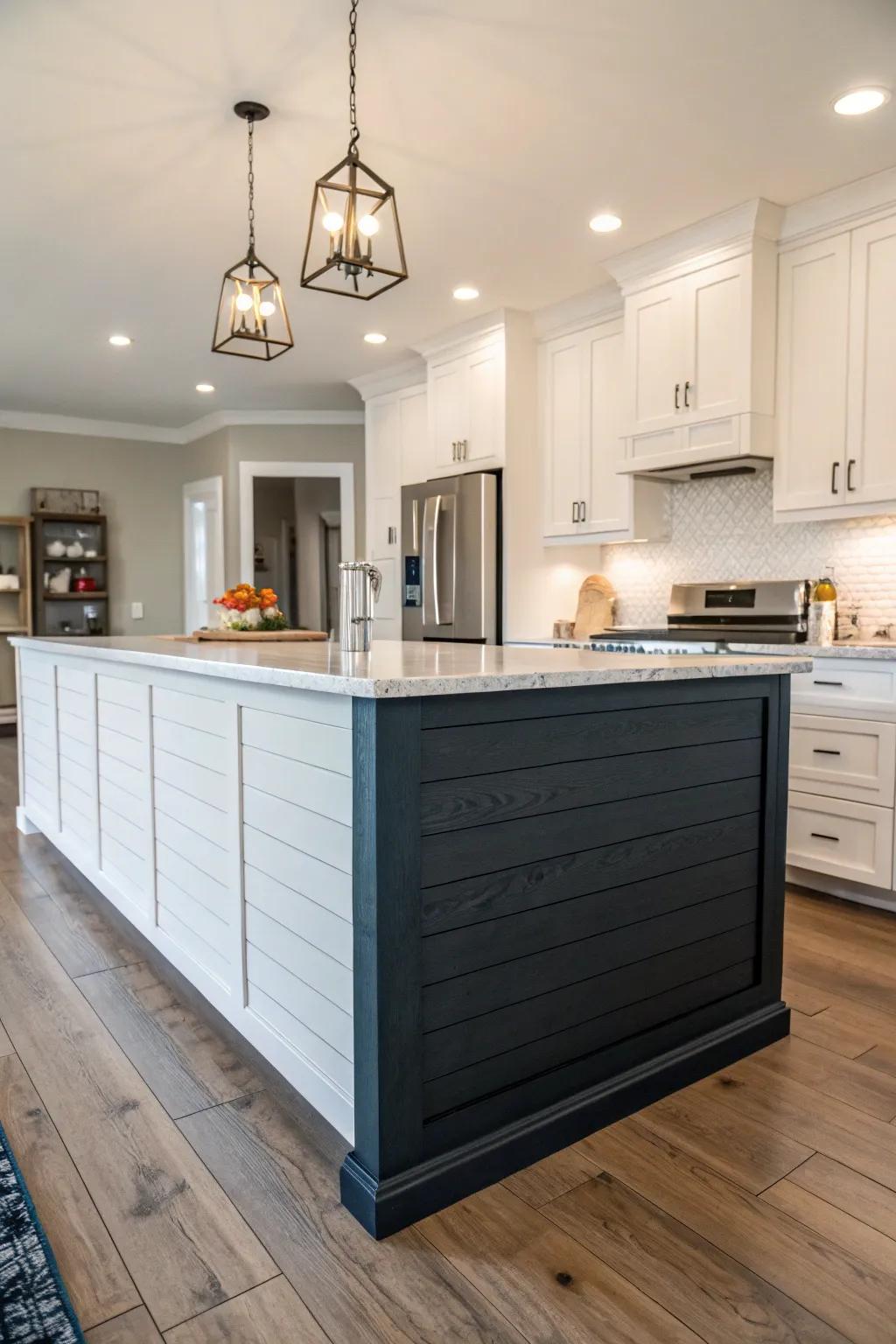 Dual-tone shiplap island resulting in a remarkable visual impact.