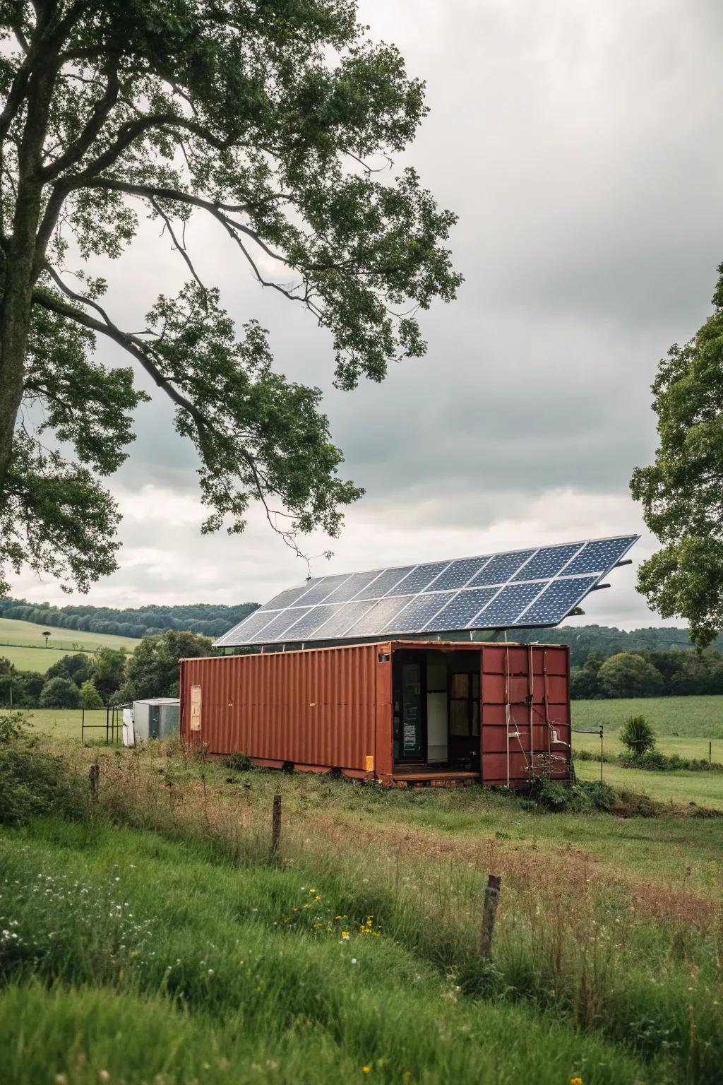 An off-grid metal box barn energized by sunbeam energy.