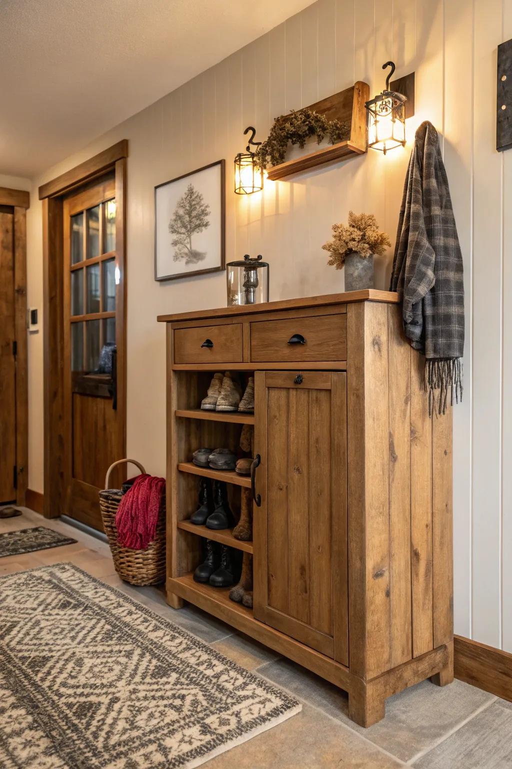 A rustic timber footwear cabinet contributing charm to the hallway.