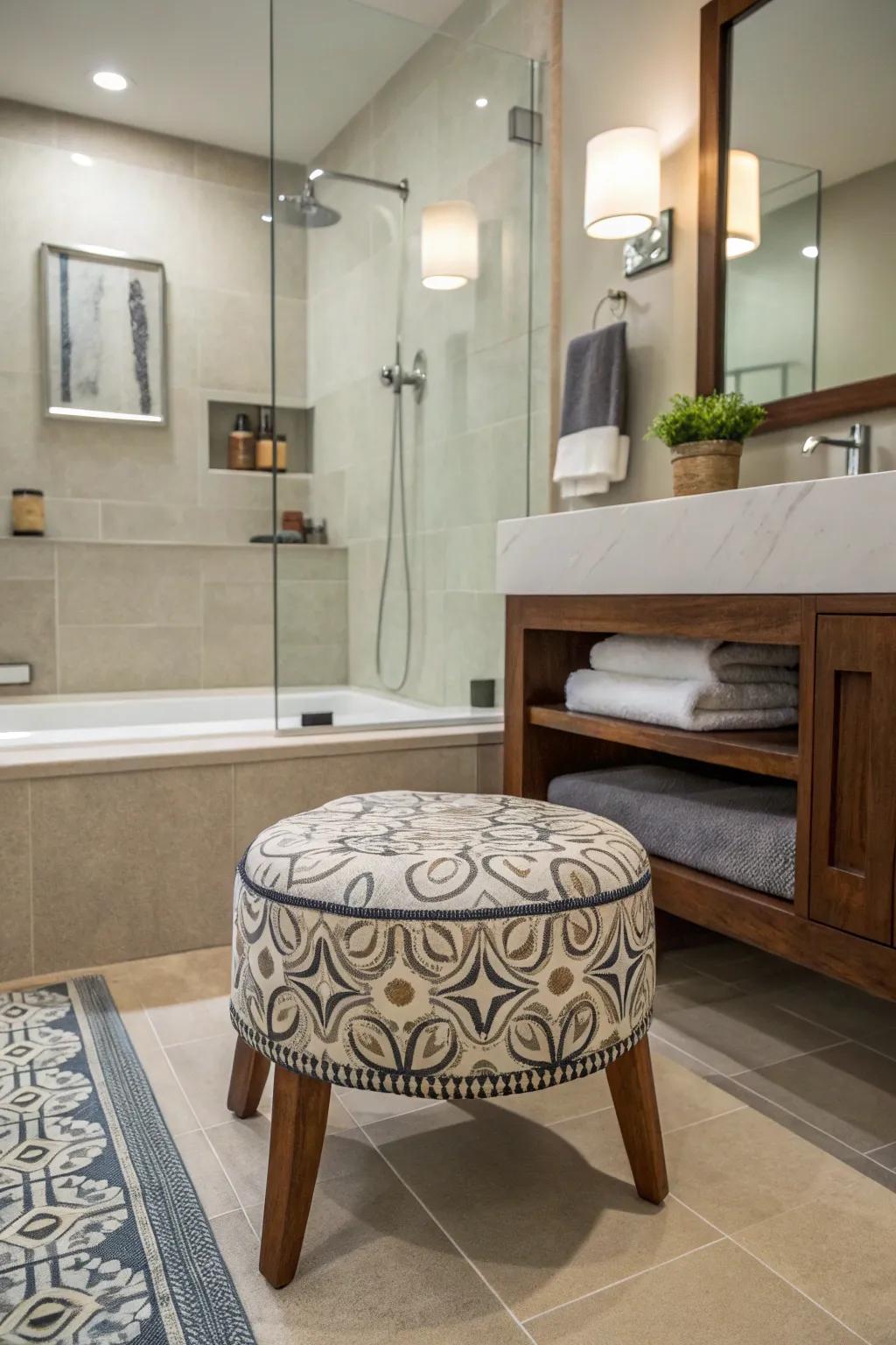 Decorative accents such as stools contribute charm and practicality to the shower space.