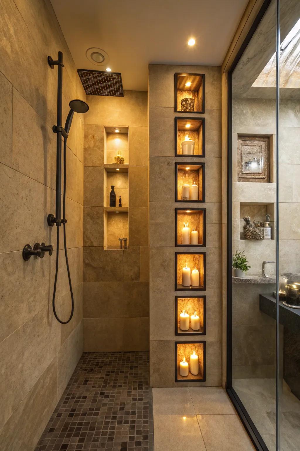 Illuminated alcoves introduce refinement and practicality to the shower.