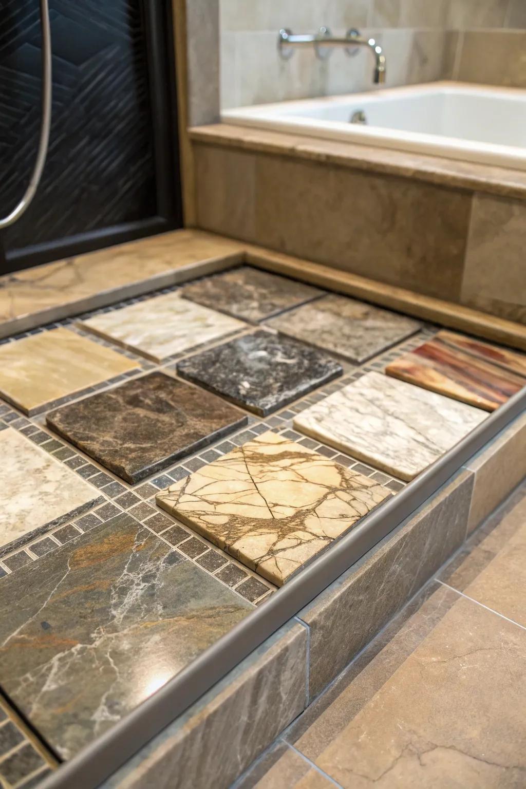 Organic stone tiles with unique designs lend an upscale feeling to this luxurious shower space.