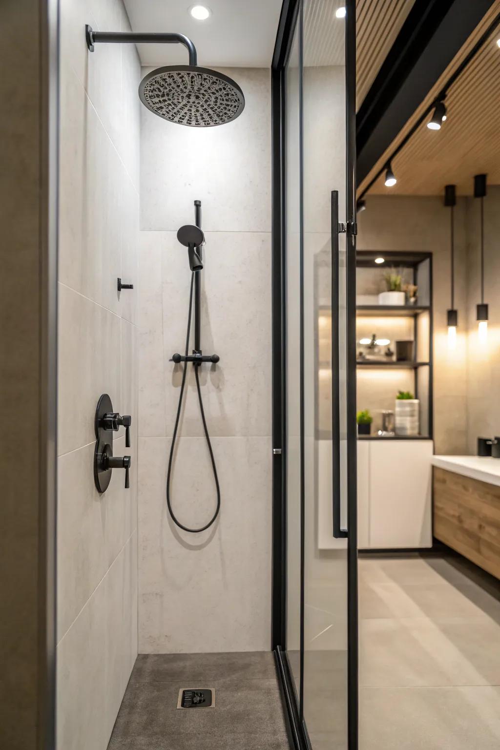 A modern shower stall with streamlined hardware that accentuates elegance.