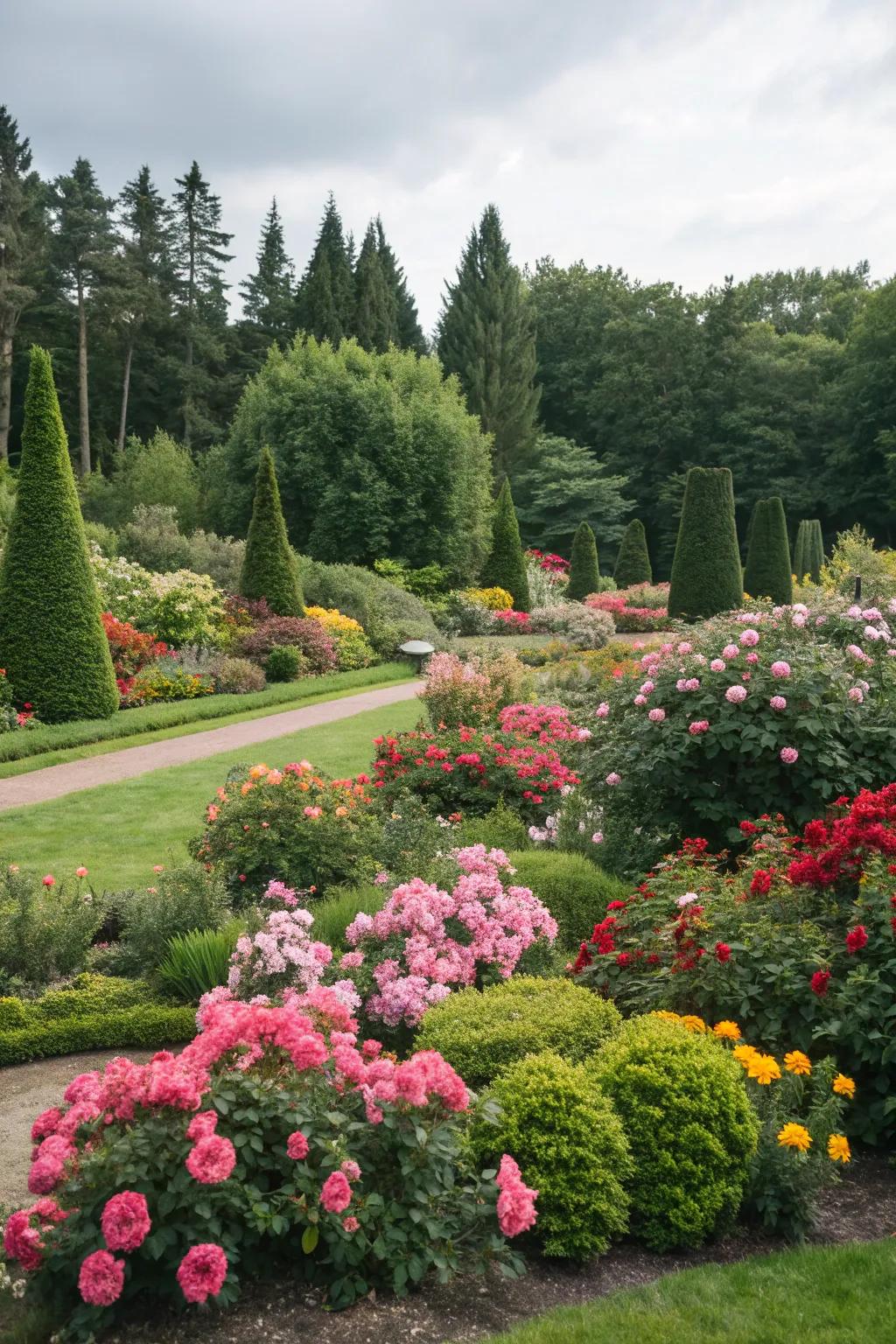 Evergreen bushes impart continuous verdancy and vibrancy throughout the seasons.