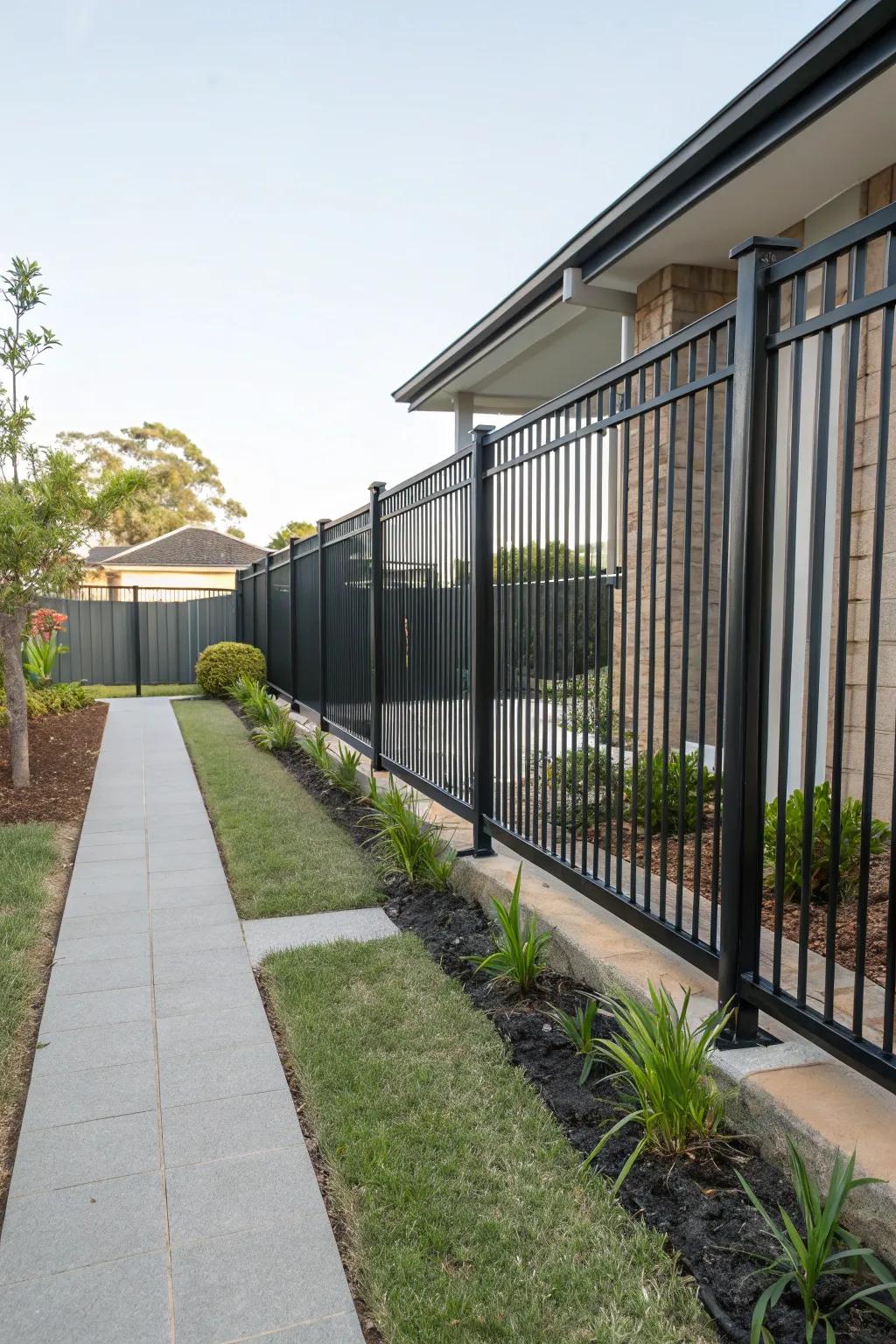 Modern side yard featuring a black metal fence.