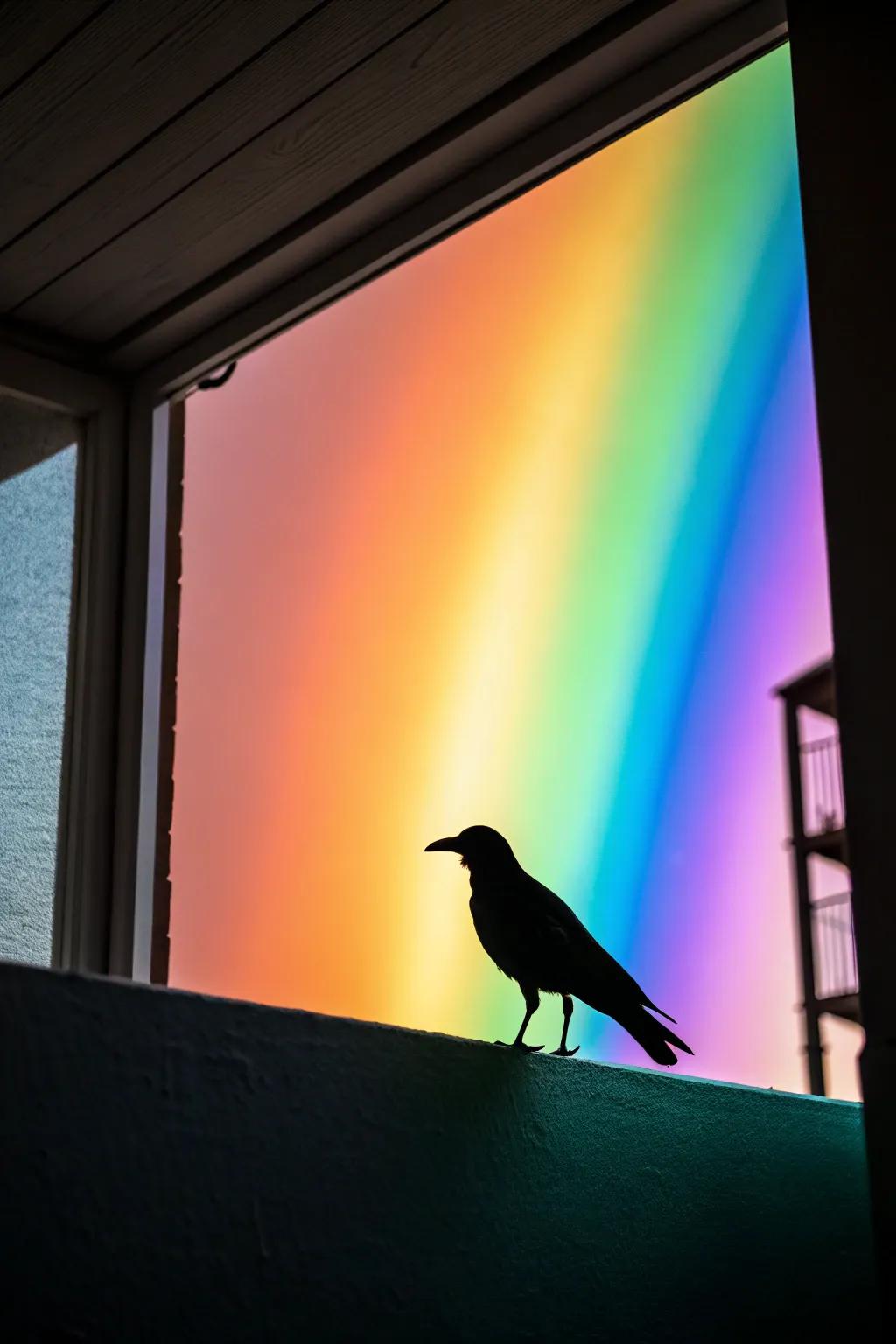 A bird silhouette against a rainbow back panel brightens up the space.