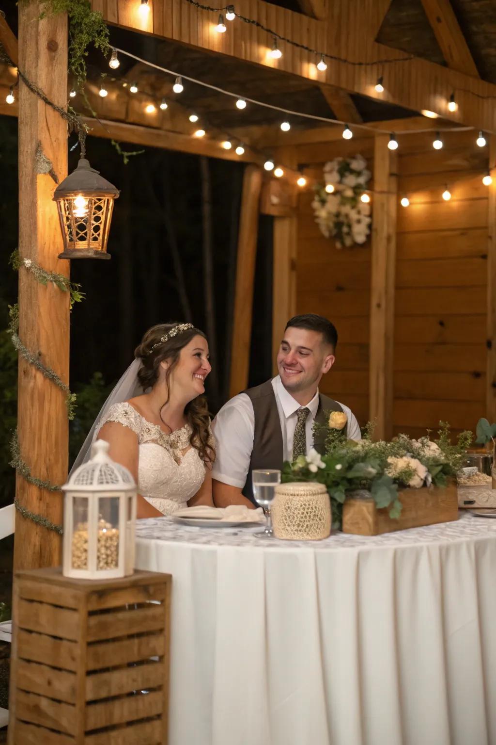 A bride and groom table featuring country-inspired timber features.