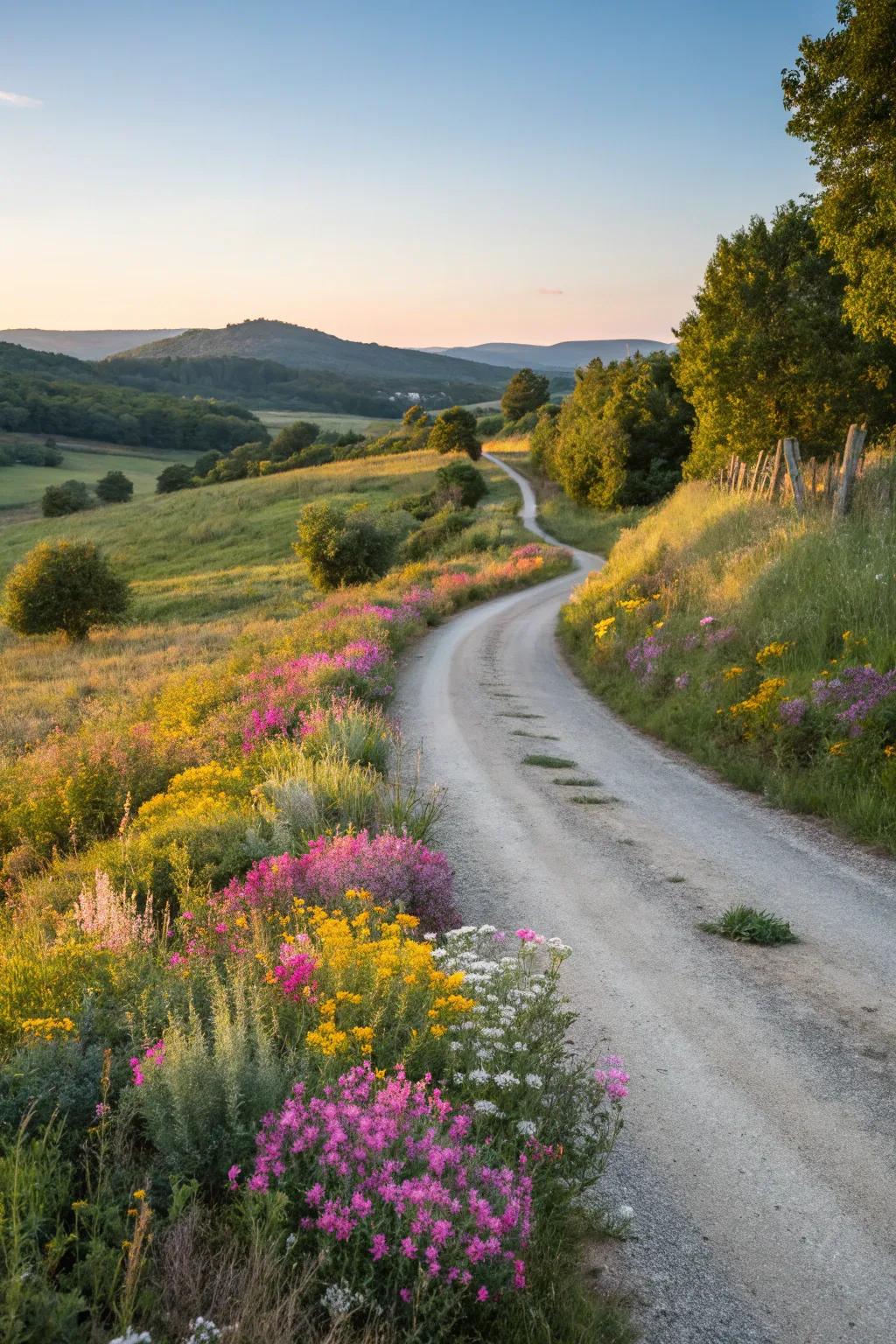 Wildflowers contribute vibrant color and charm.