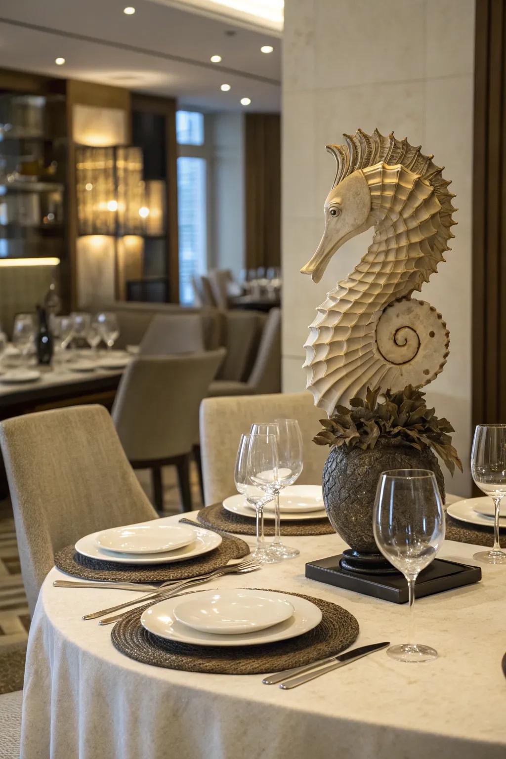 A sculptural piece adds a striking focal point.