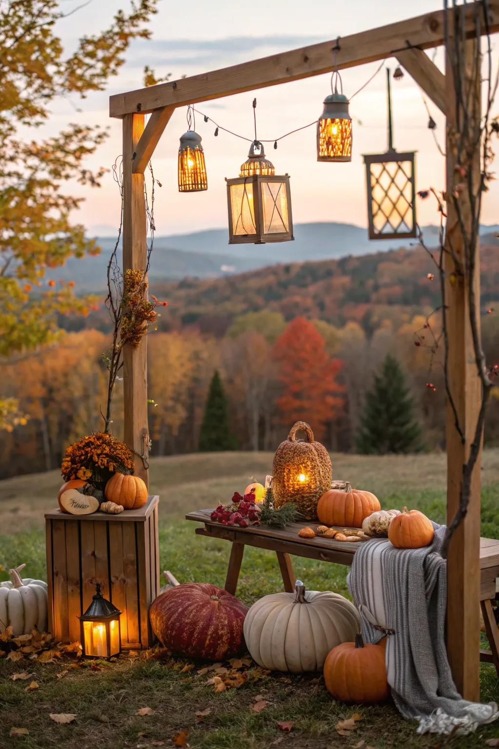 Lamps contribute an enchanting ambiance to the backdrop.