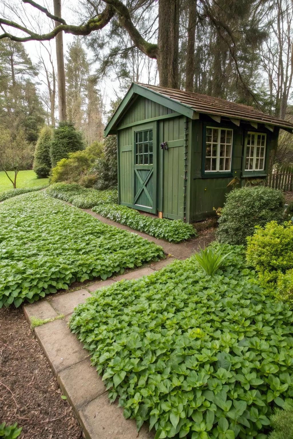 Ground cover plants offer a seamless, lavish look around your shed.