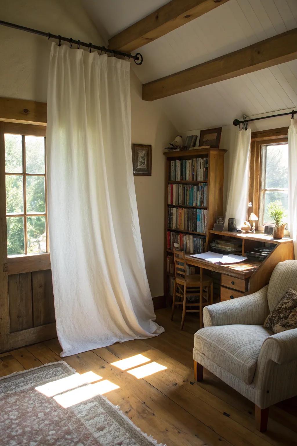 Superior and ampler drapery placement renders this diminutive study feel more capacious.