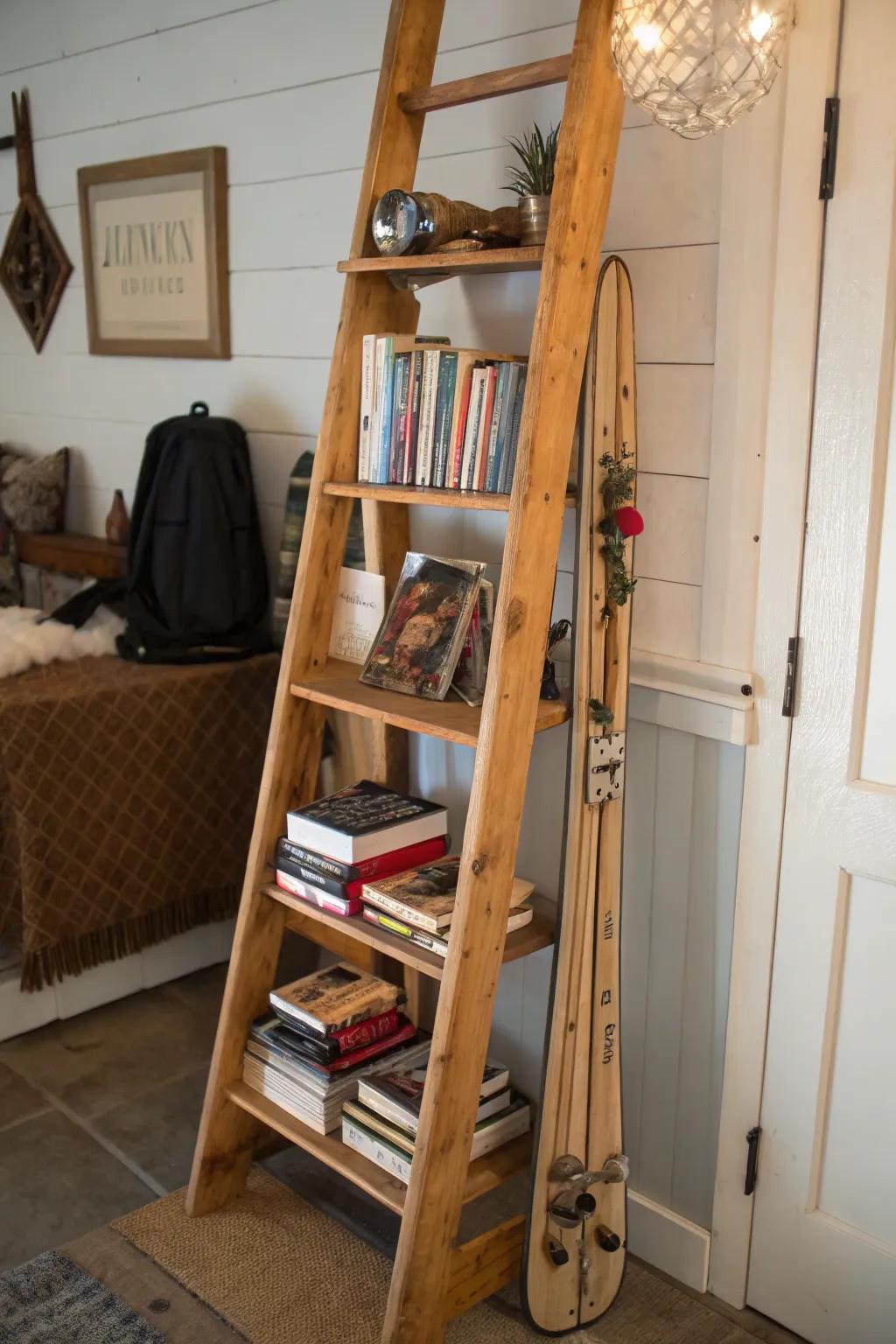 Repurpose a ski ladder into a fashionable shelving solution.