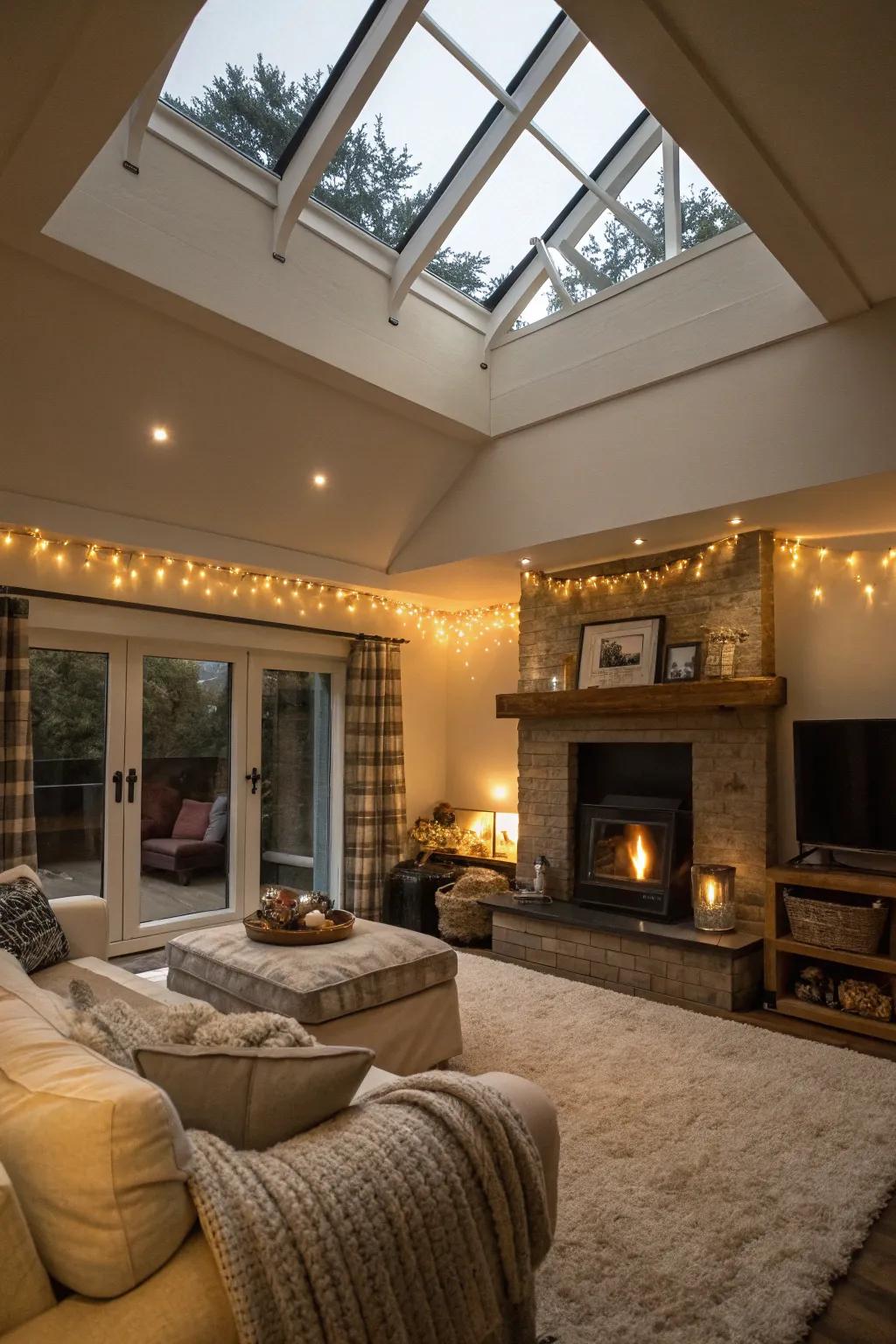 An intimate living room integrating natural and affectionate illumination.