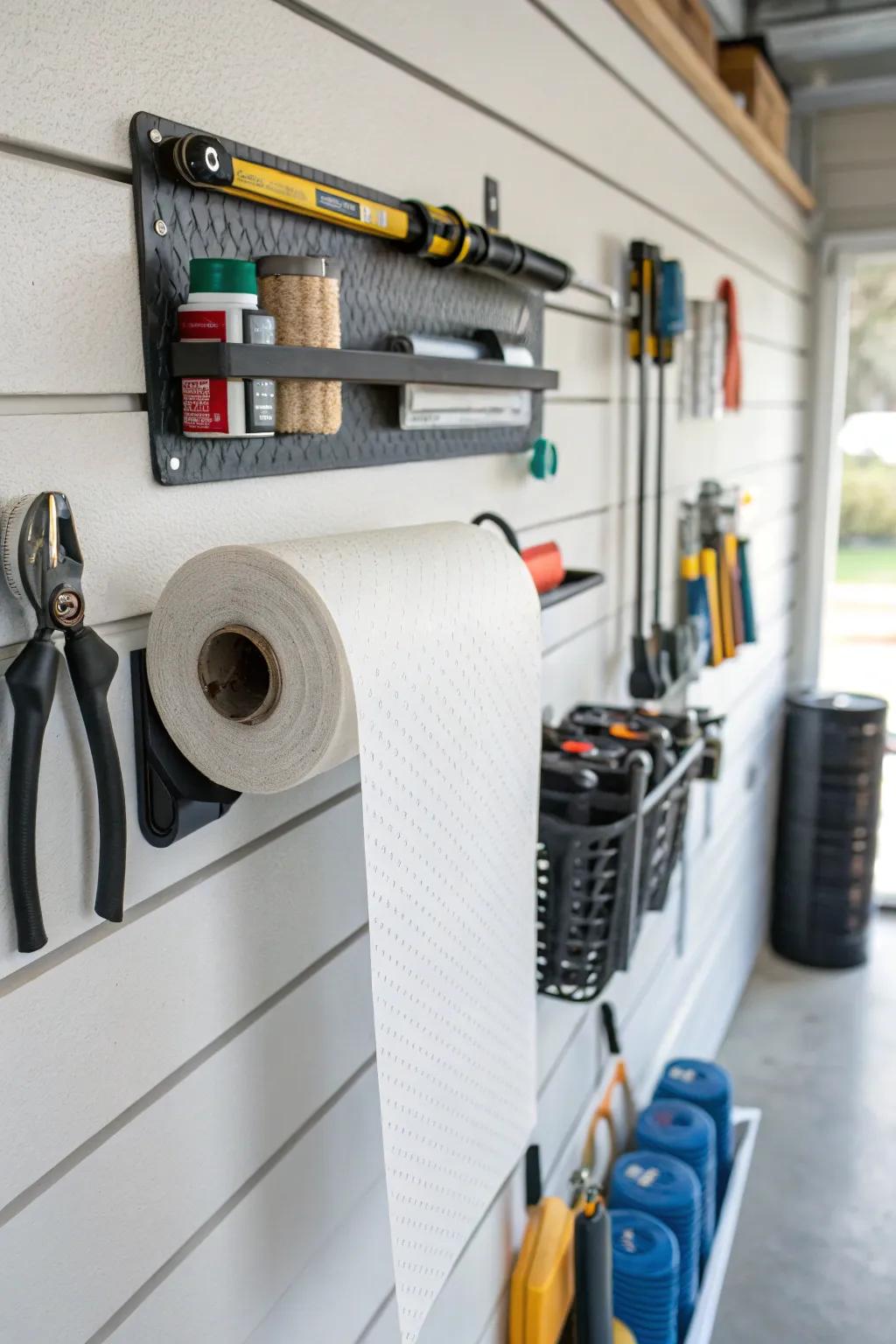 A paper roll holder on a slatwall is useful for quick clean-ups.