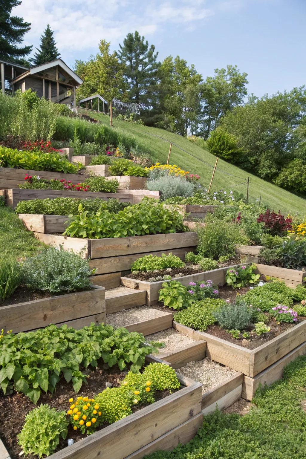 Tiered horticultural beds fashion visual intrigue and profundity.