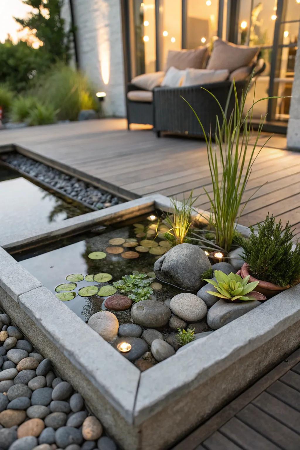 A Zen bowl pond presents a minimalist touch of tranquility.