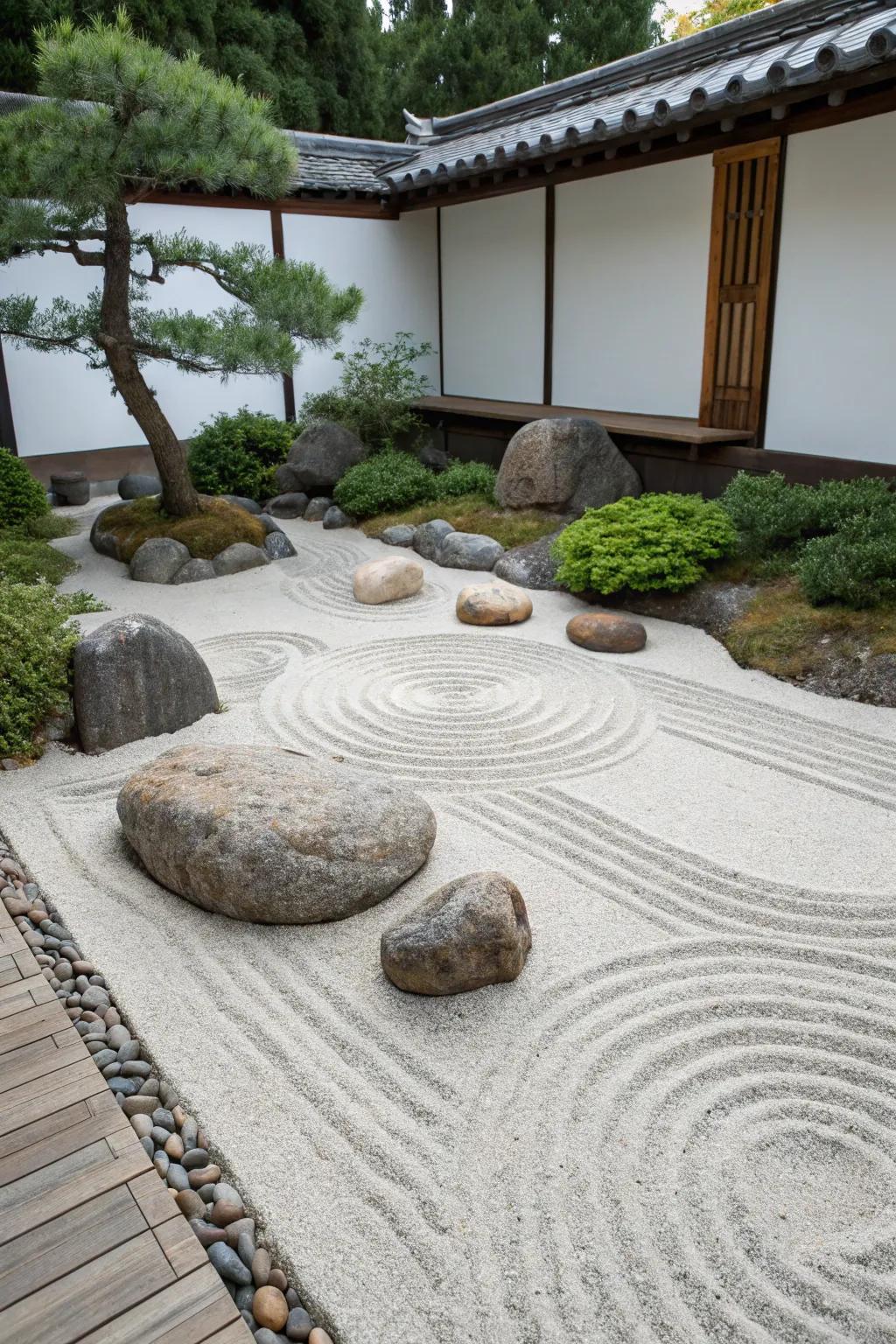A minimalistic zen garden presents rocks and patterned sand for a simplistic, peaceful design.