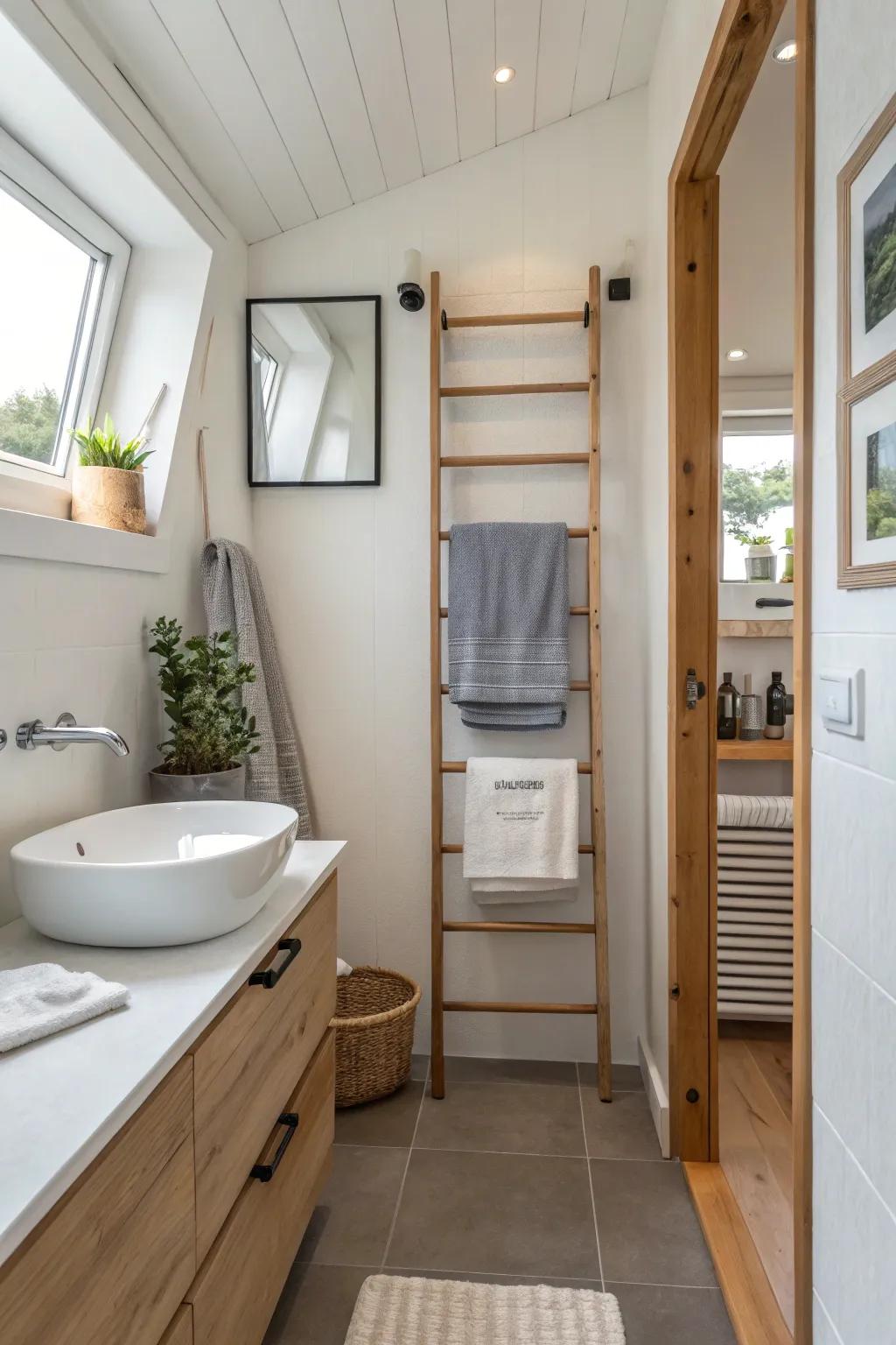 Maximize vertical space with style using compact towel ladders.