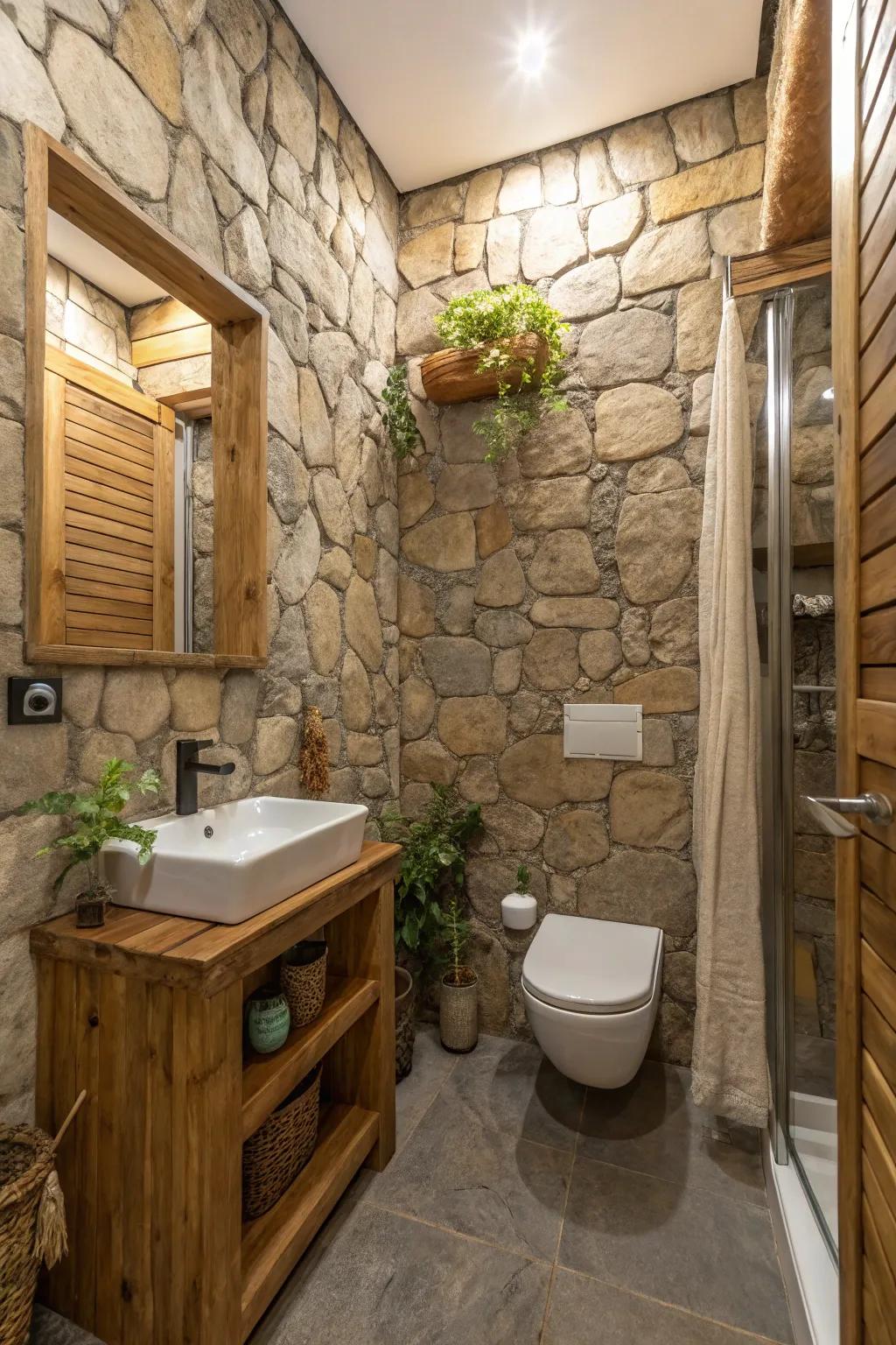 Stone-textured panels highlight a compact bathroom, emanating opulence and tranquility.
