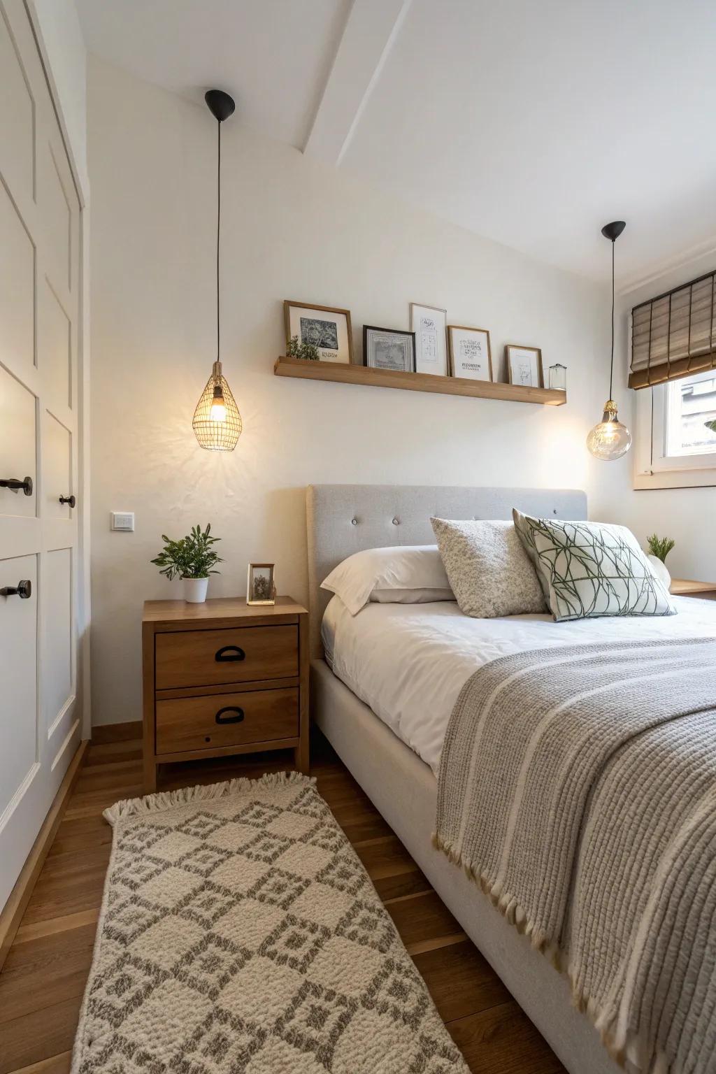 Suspended bedside tables offer design and spatial savings.