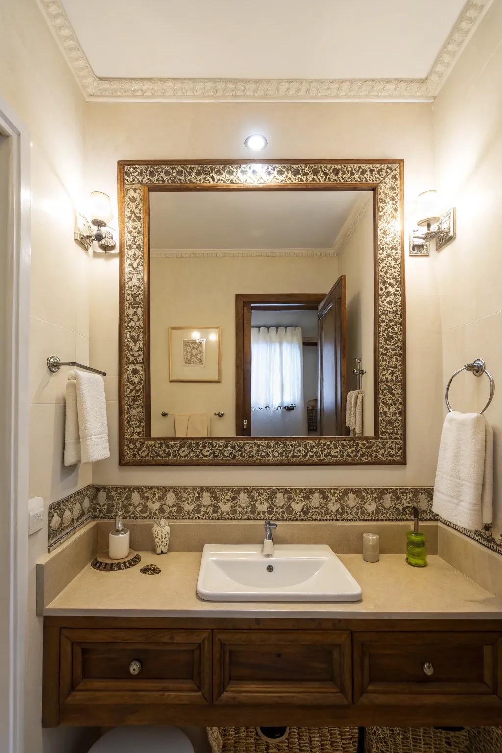 Ornamental mirror reflects illumination, enhancing the area.