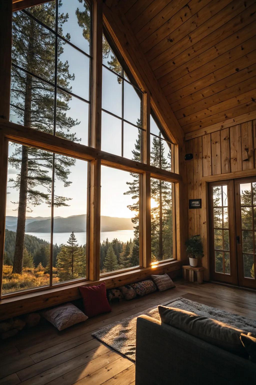 A cabin suffused with natural illumination filtered through expansive windows.