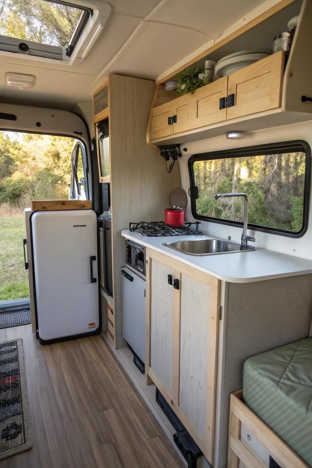 A compact kitchen inside a camper with all essentials neatly arranged.