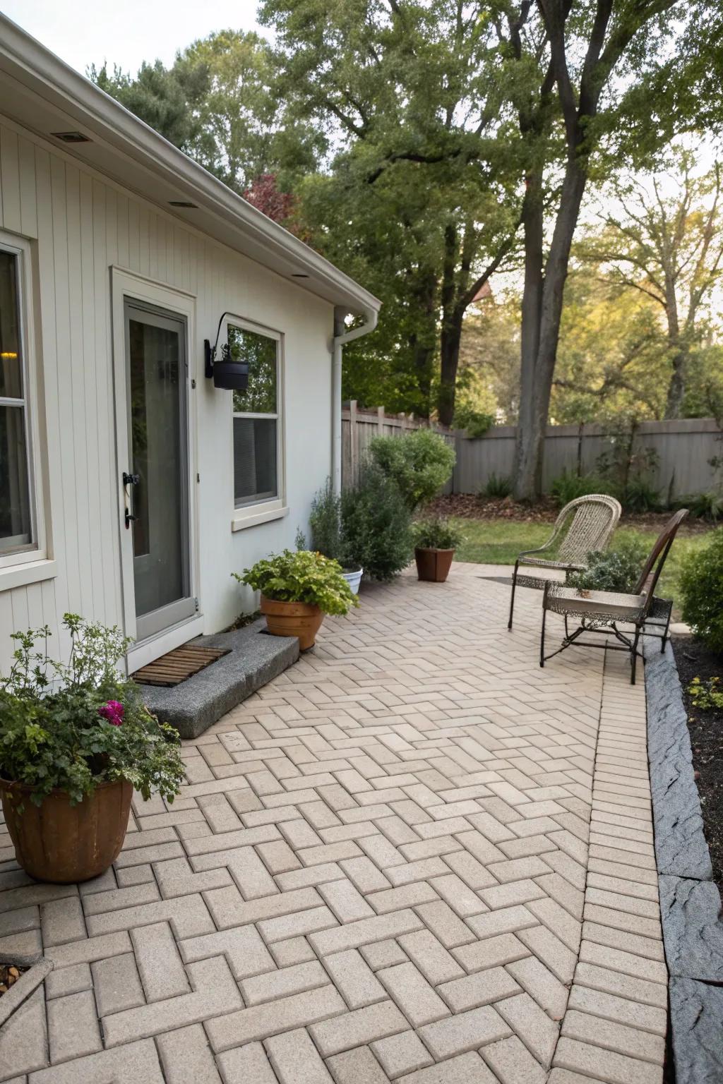 Herringbone patterns infuse sophistication into any patio.