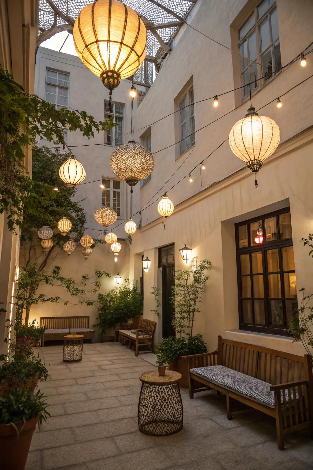 Suspended lanterns add whimsy and warmth to outdoor spaces.