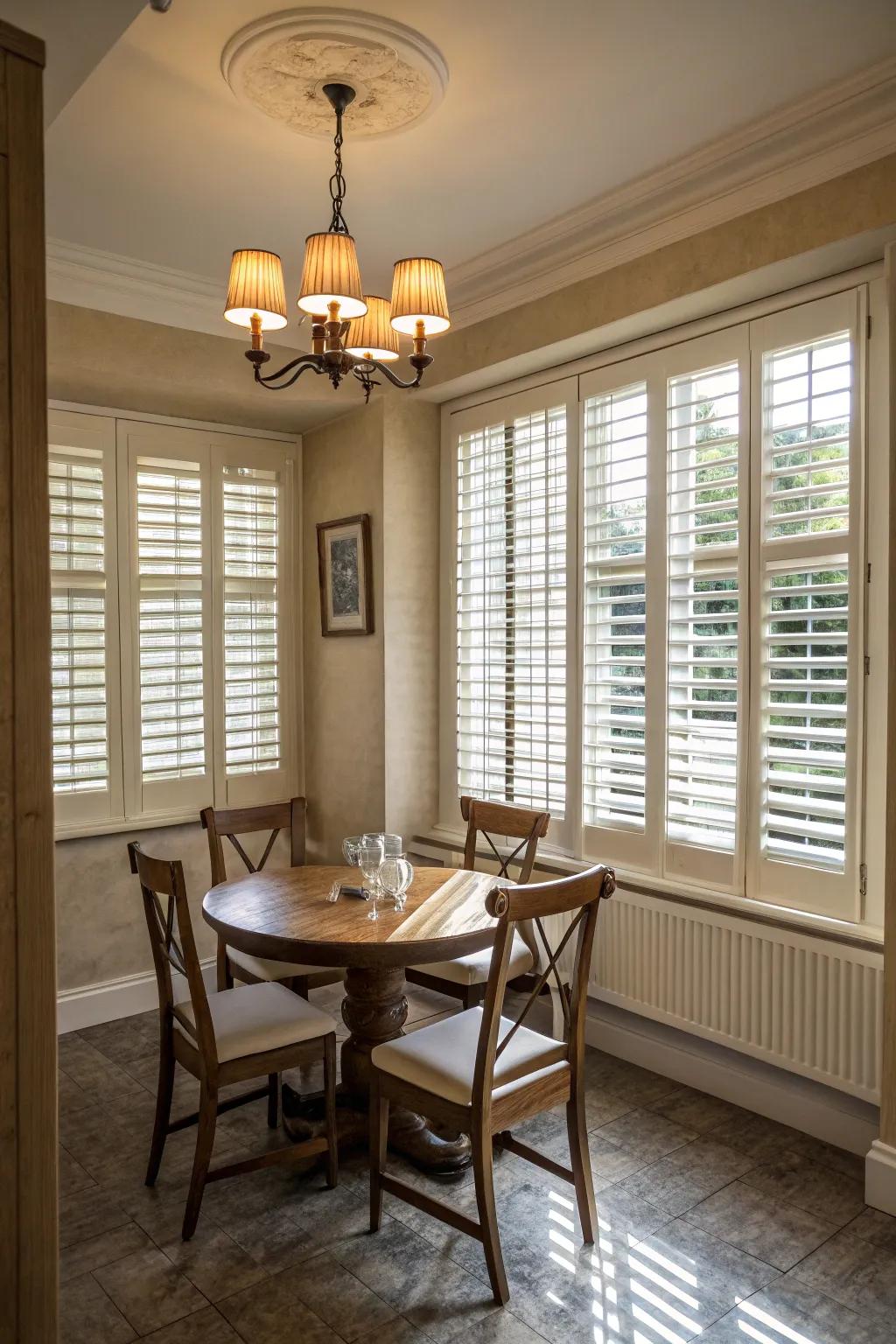 Louvered shutters offer enduring style and functionality.