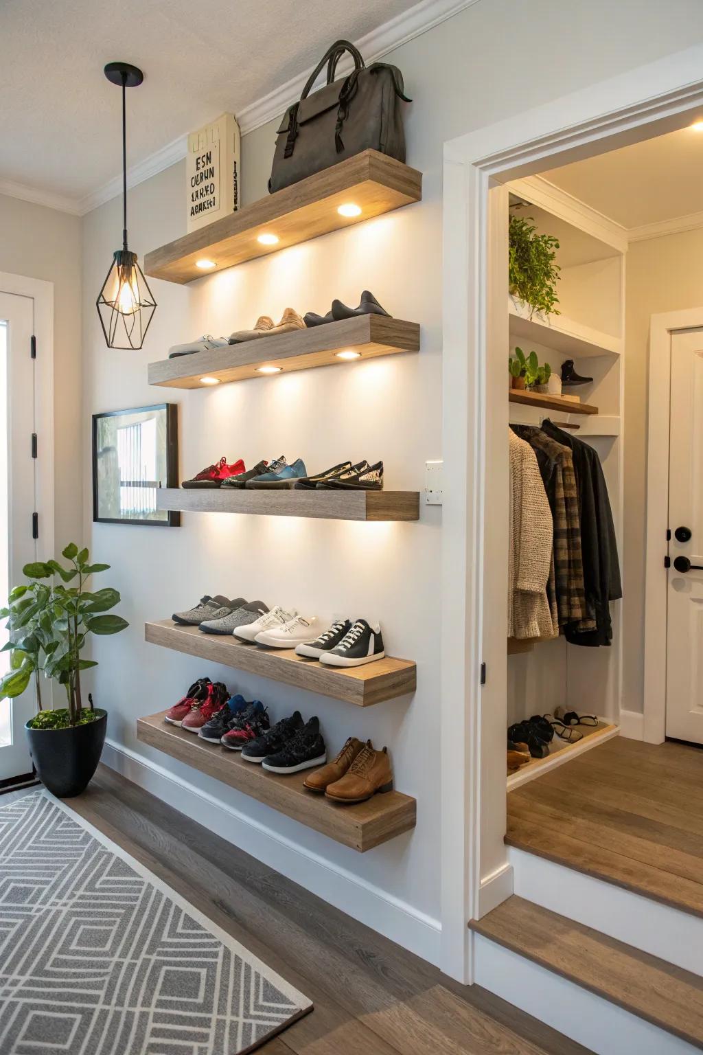 Floating racks turn shoes into a stylish display.