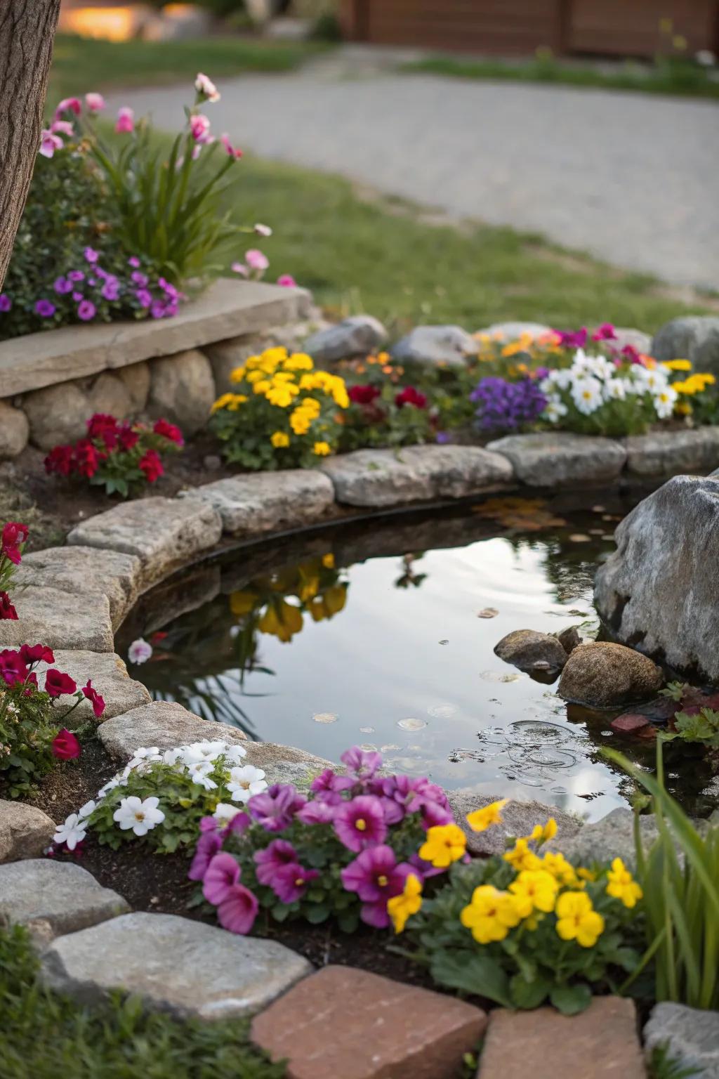 A tranquil, petite flower bed showcasing a diminutive pond.