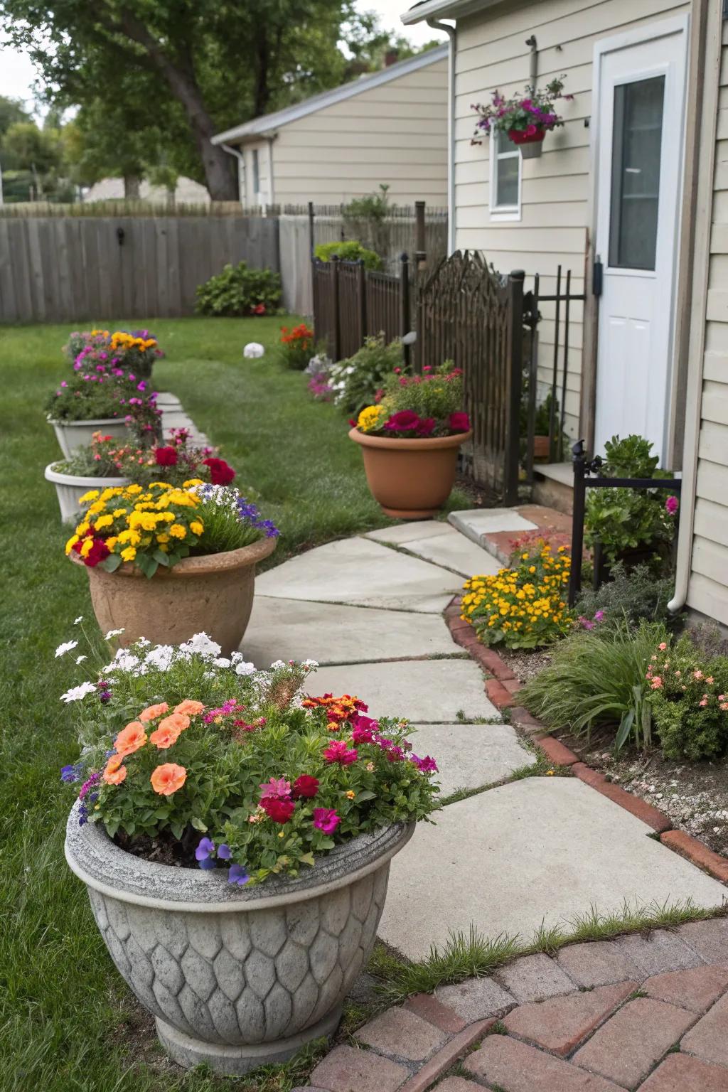 Decorative containers inject versatility and seasonal color to the landscape.