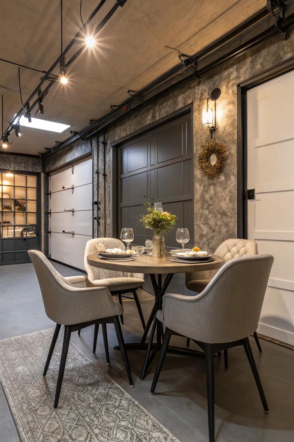 A small garage becomes a sophisticated dining space.