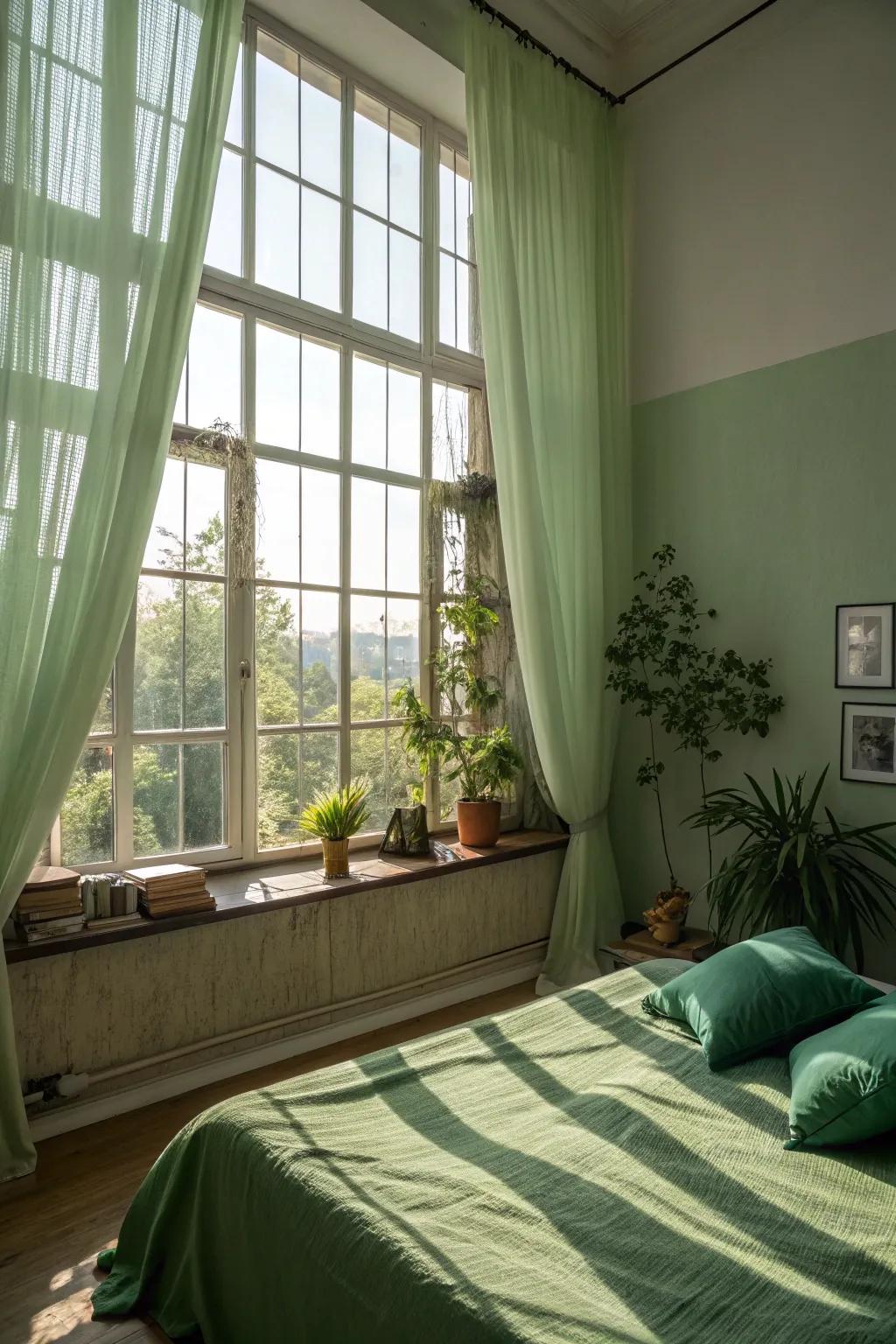 Natural illumination enlivens the vibrancy of a green bedroom.