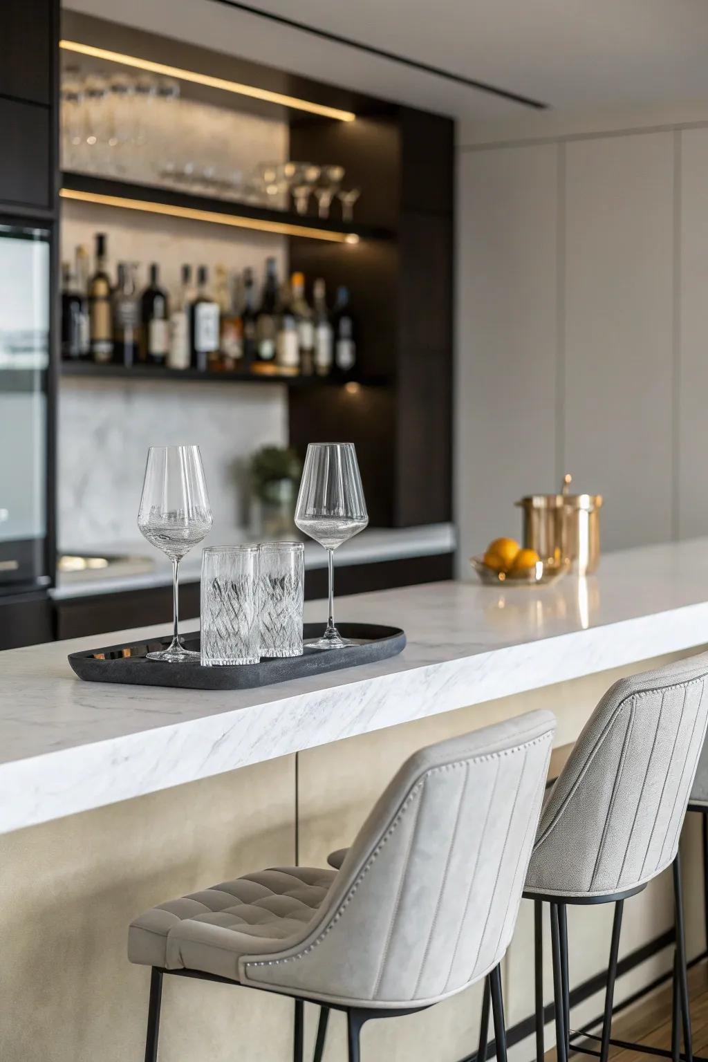 A minimalist design engenders a serene and current home bar setting.