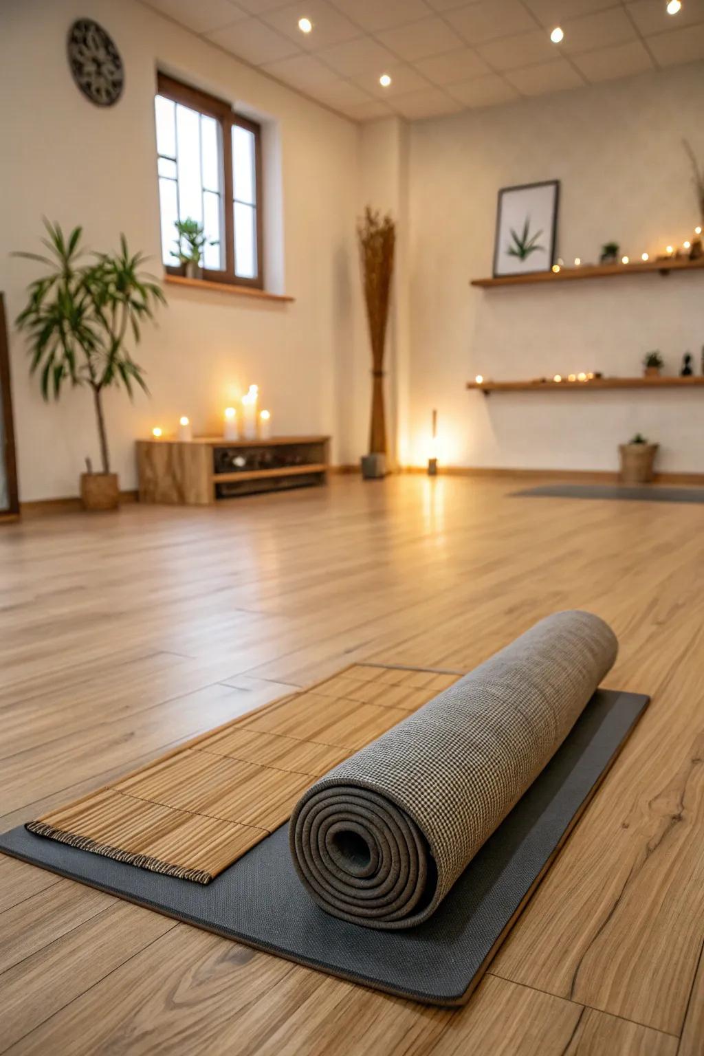 Yoga room with sustainable bamboo flooring.