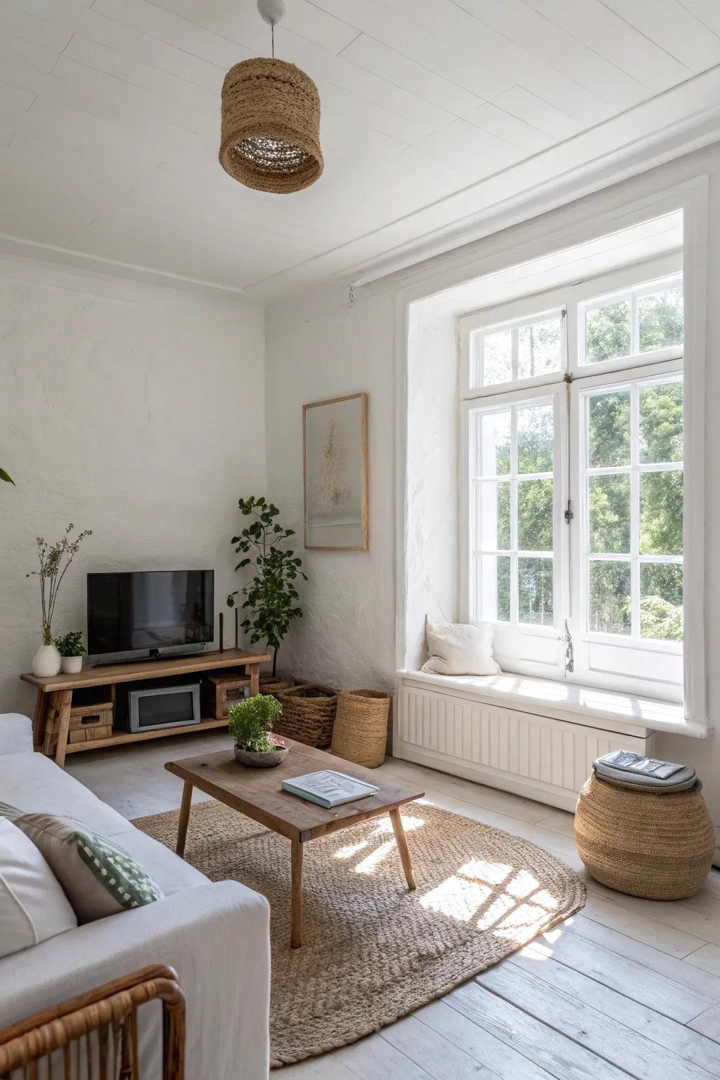 A small living room with white walls enhancing the space.