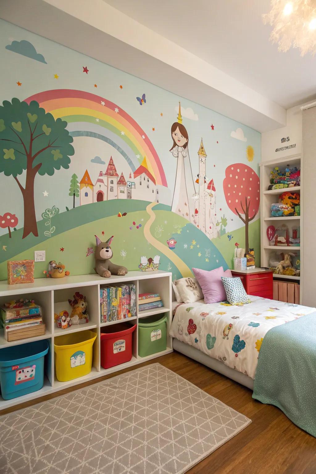 A wall design adds character, enhancing imagination.