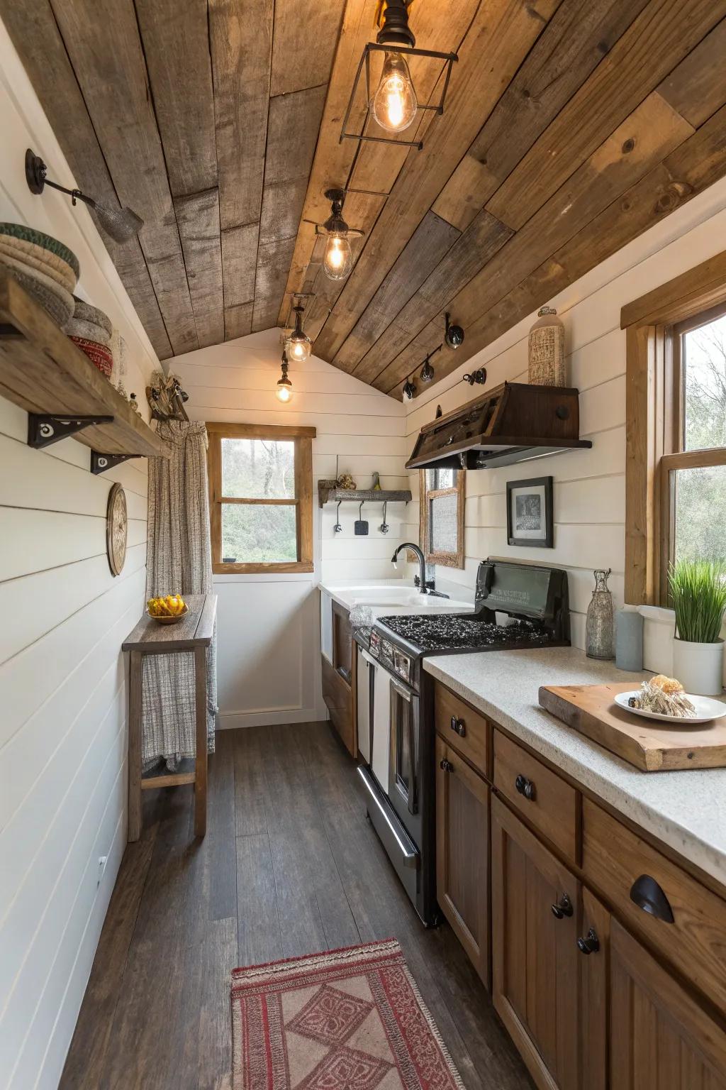 Reclaimed timber features add charm and sustainability to smaller kitchens.