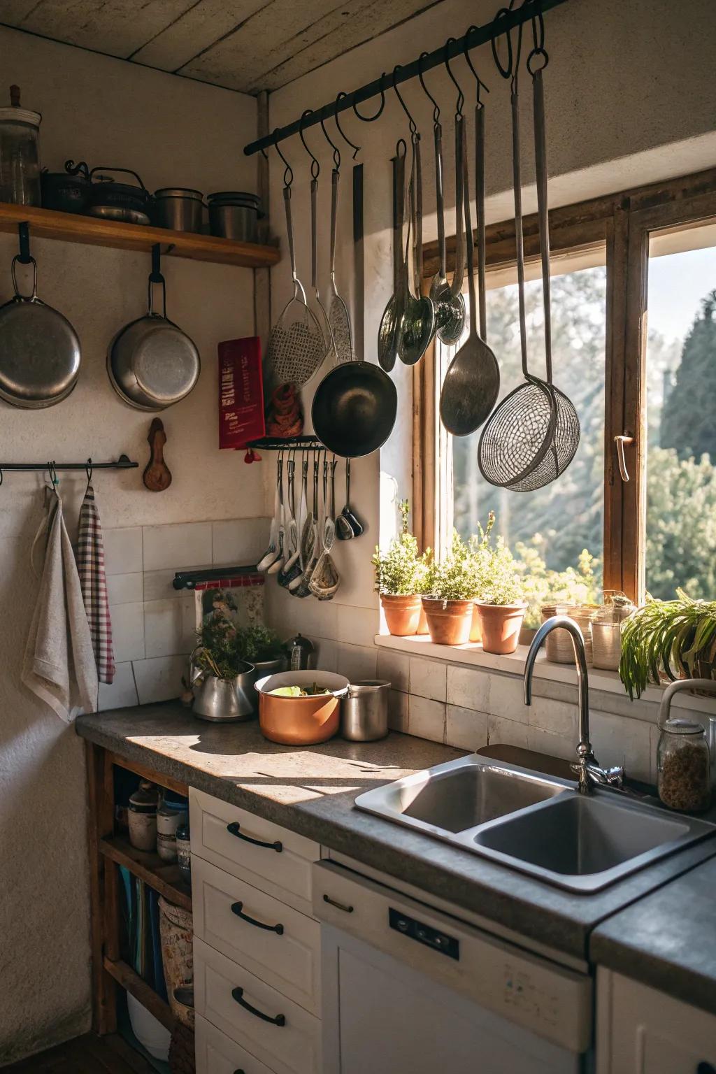 Suspending implements maximizes elevated area within this cooking space.