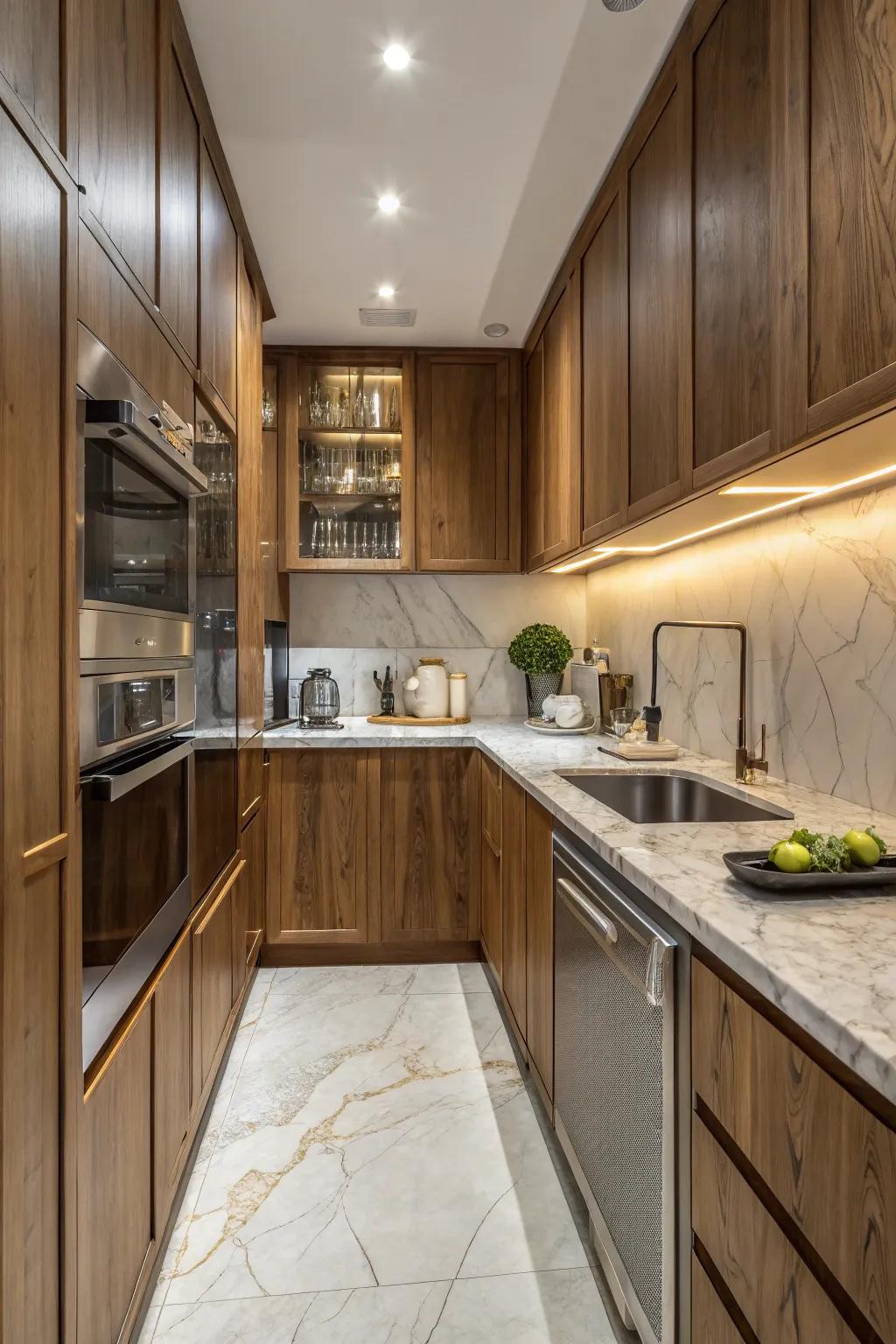 Contrasting textures add depth to a small kitchen.