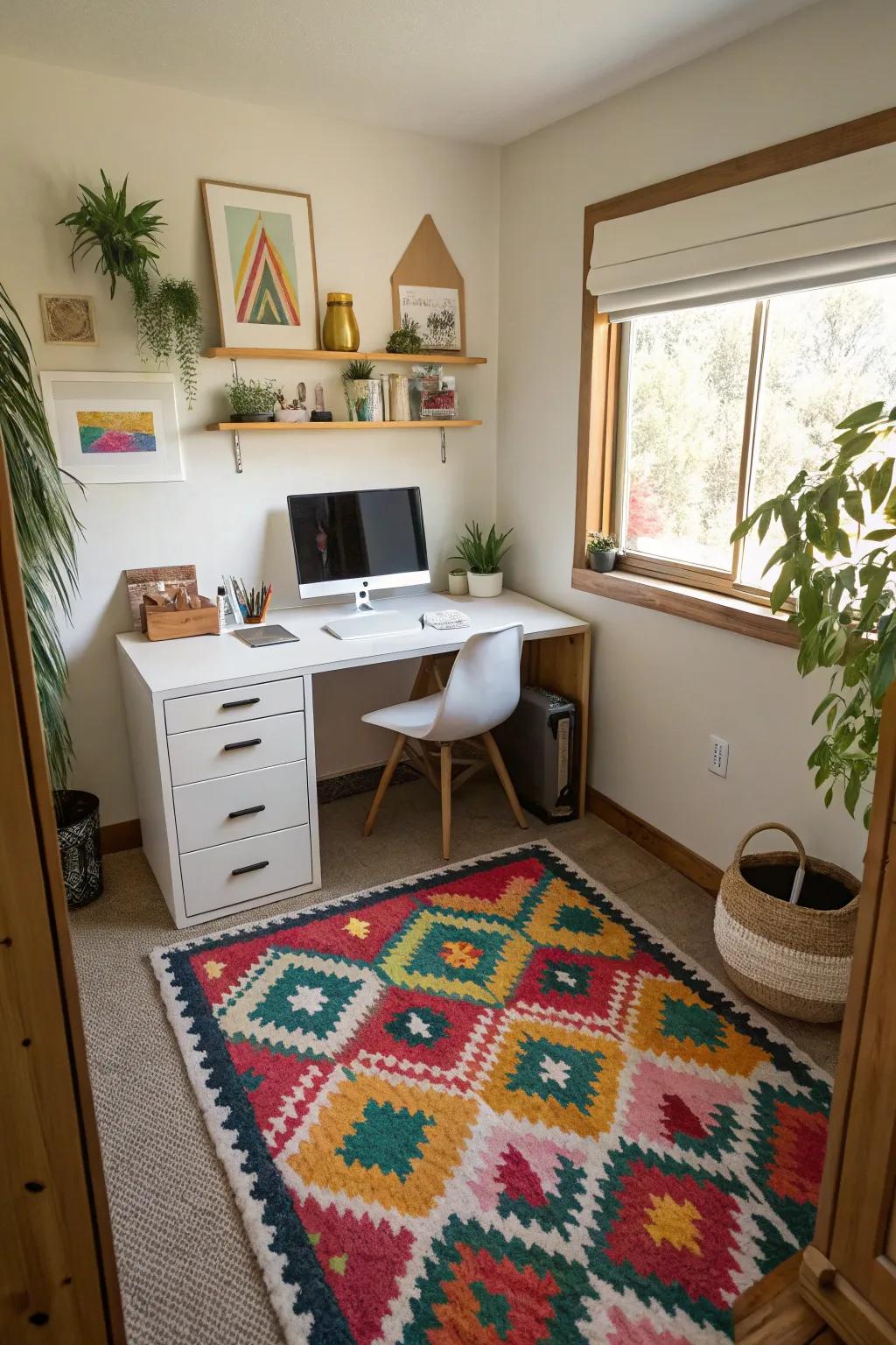 Defining your office area using color or a rug creates a designated workspace.