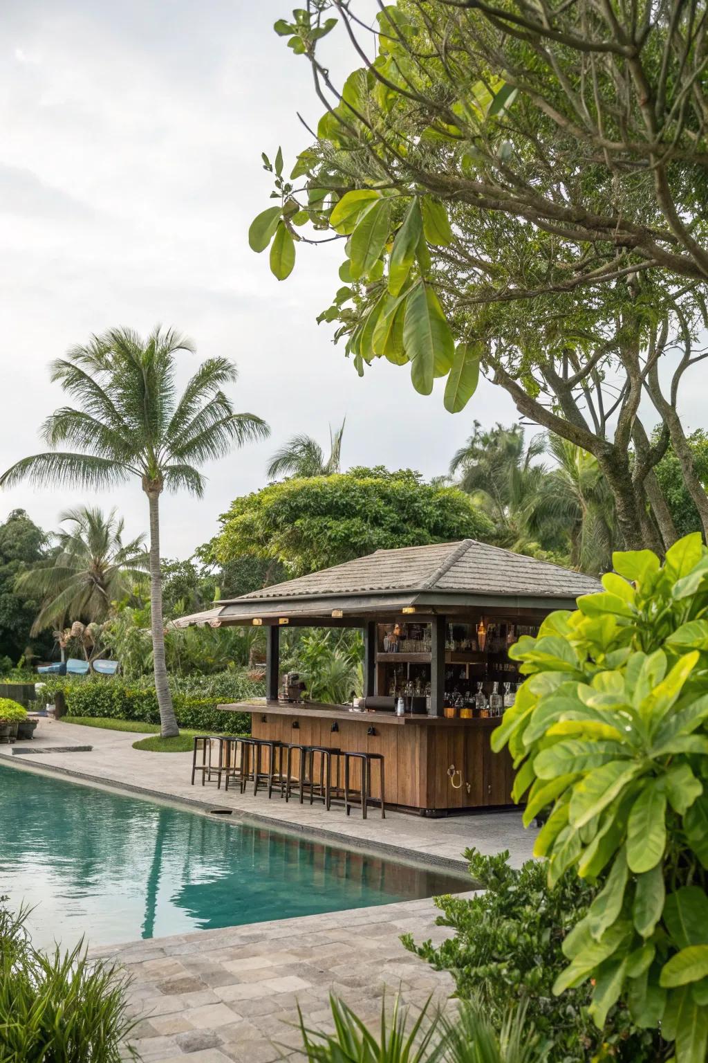 Flora around your poolside bar incorporates a revitalizing, natural element.