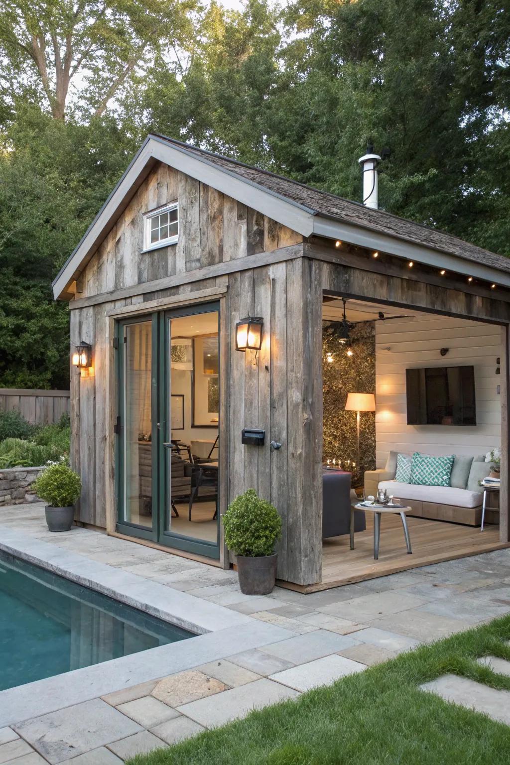 Country allure meeting modern elegance in this pool house design.
