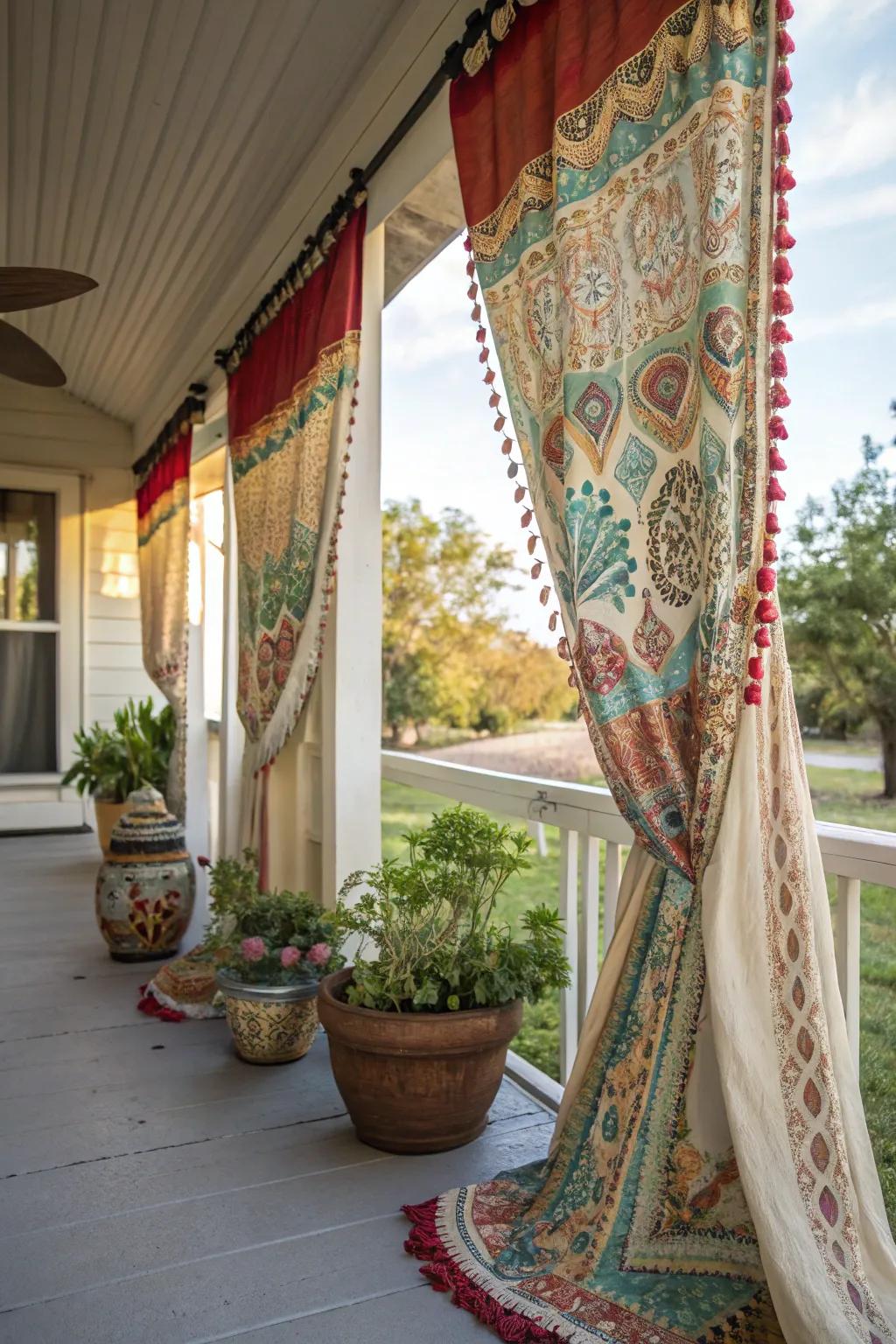 Bohemian draperies contribute a playful and artistic accent to your porch.