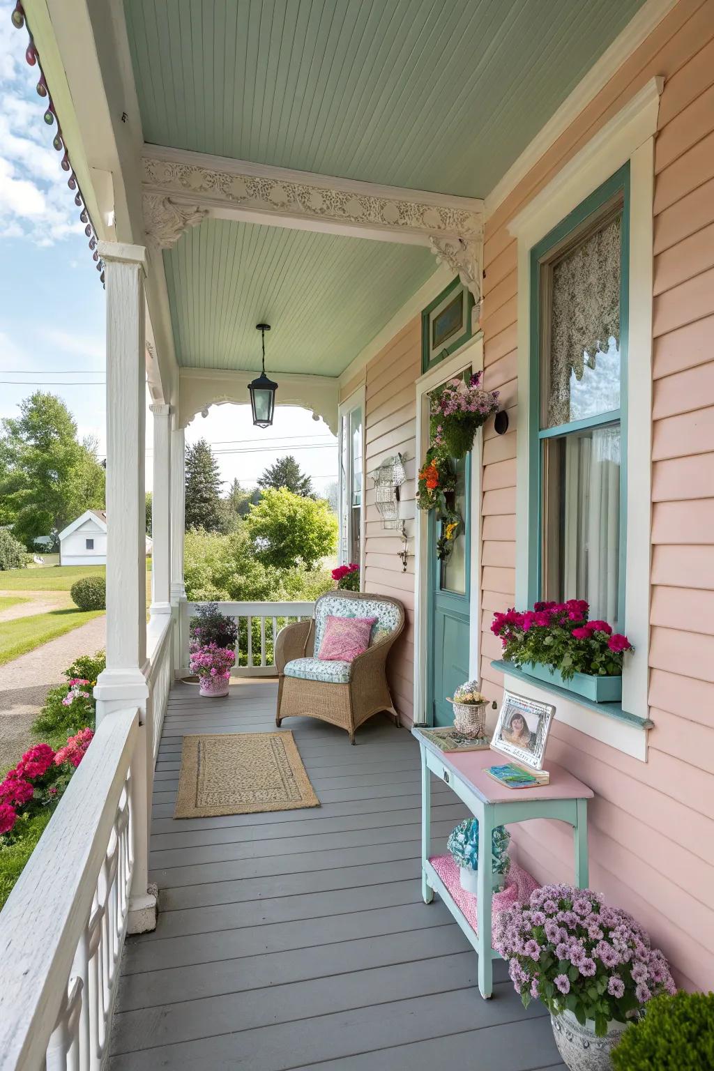 A side porch adorned in gentle pastel shades with vibrant decorative highlights.