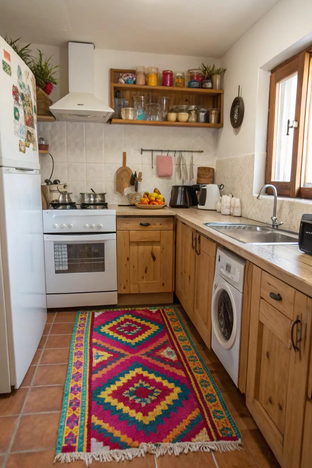 A vibrant rug introducing comfort and design to a compact kitchen.